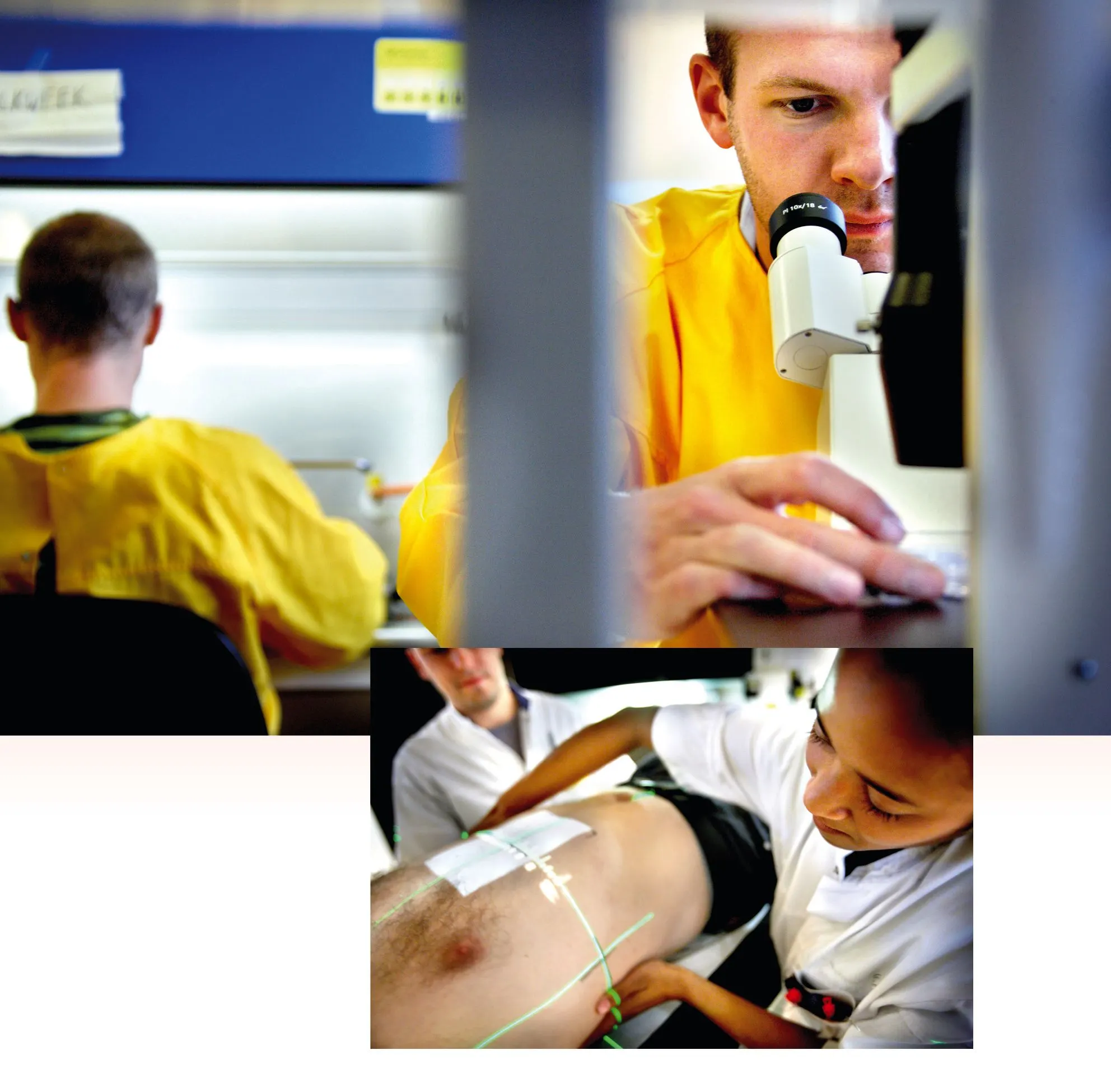 Collage of hospital staff: a lab worker, a researcher at a microscope and a nurse tending a patient