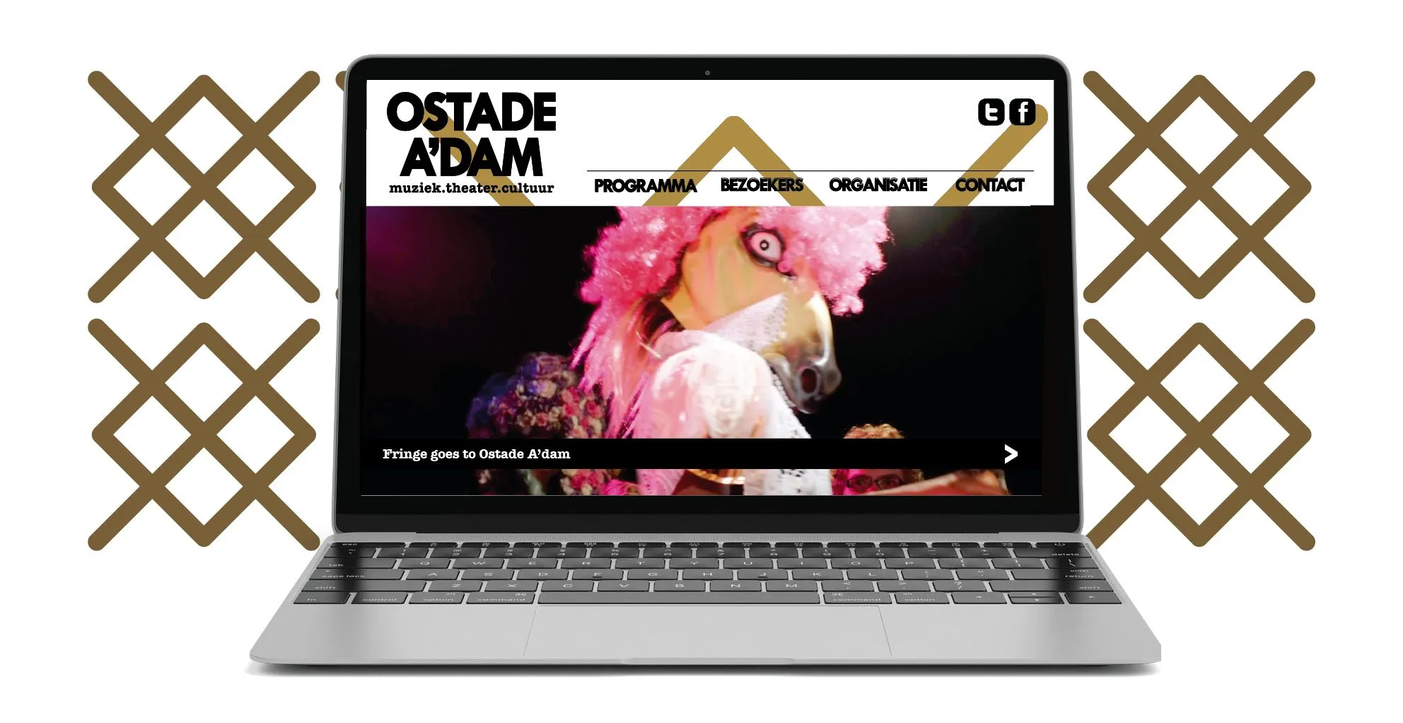 Ostade a'dam website on a laptop screen showing a performer in a pink mask, flanked by golden cross patterns
