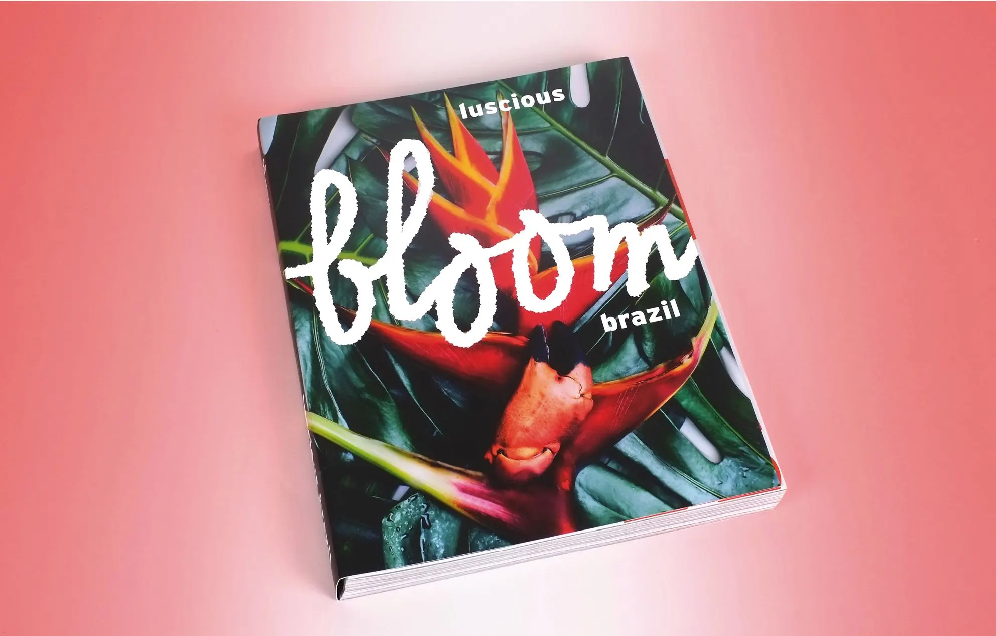Bloom Luscious Brazil magazine cover with white script lettering over tropical flowers on pink