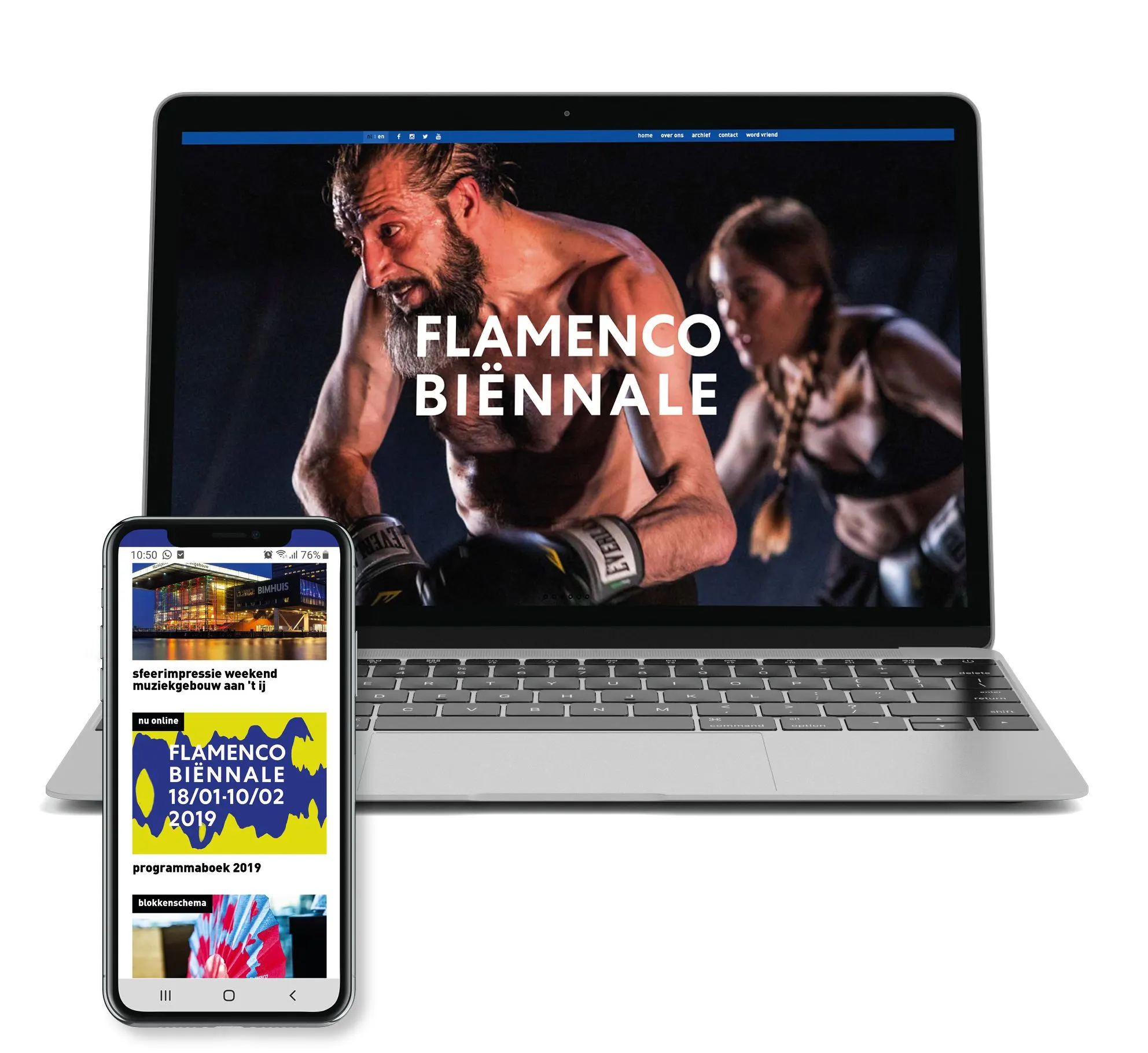 Flamenco Biënnale website on a laptop with two dancers, and the mobile version on a phone