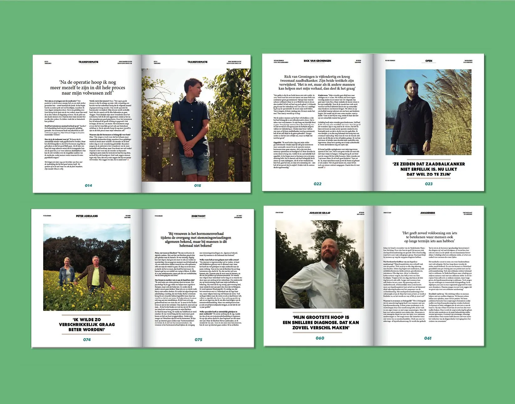 Four magazine spreads of HERMAN with interviews, portraits of men in outdoor settings and pull quotes