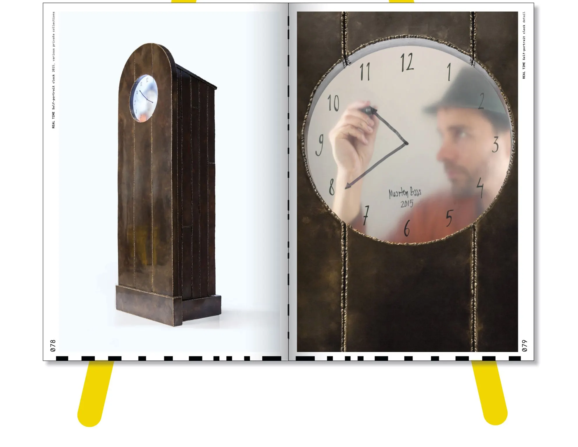 Book spread with a dark wooden grandfather clock beside a man drawing clock hands on frosted glass