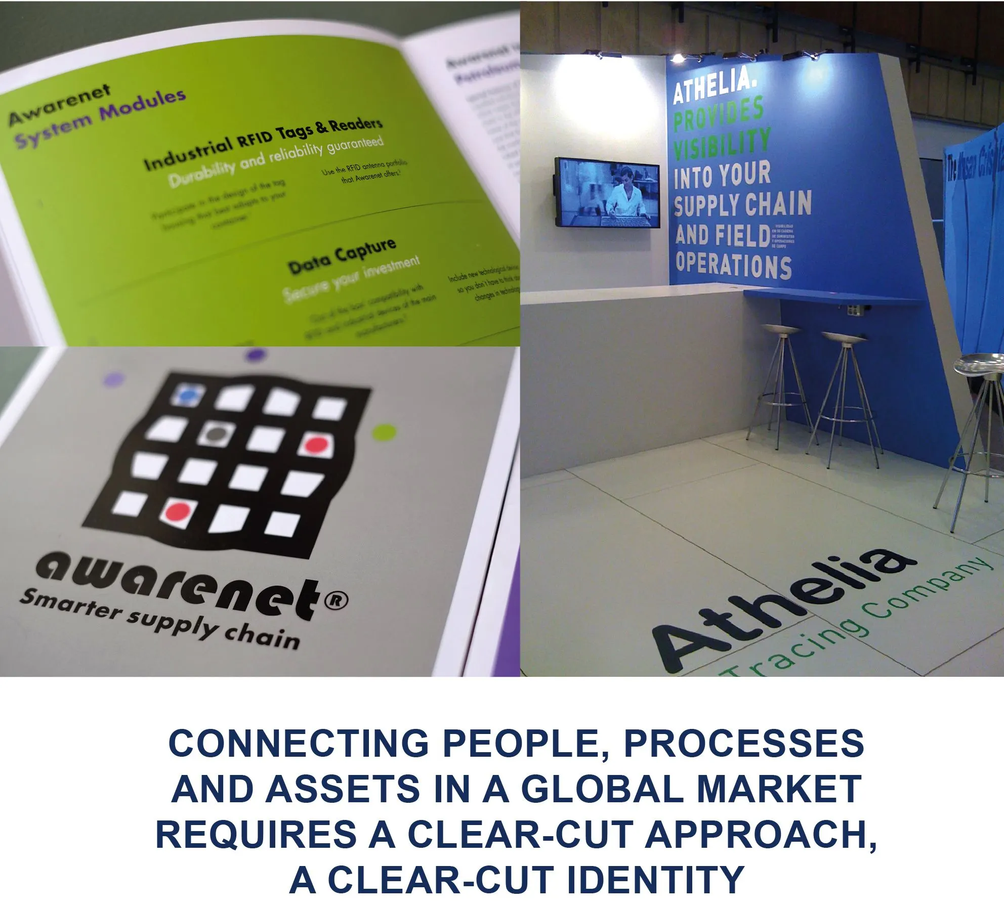 Trade fair stand for Athelia and the awarenet logo, with the text 'Connecting people, processes and assets in a global market'