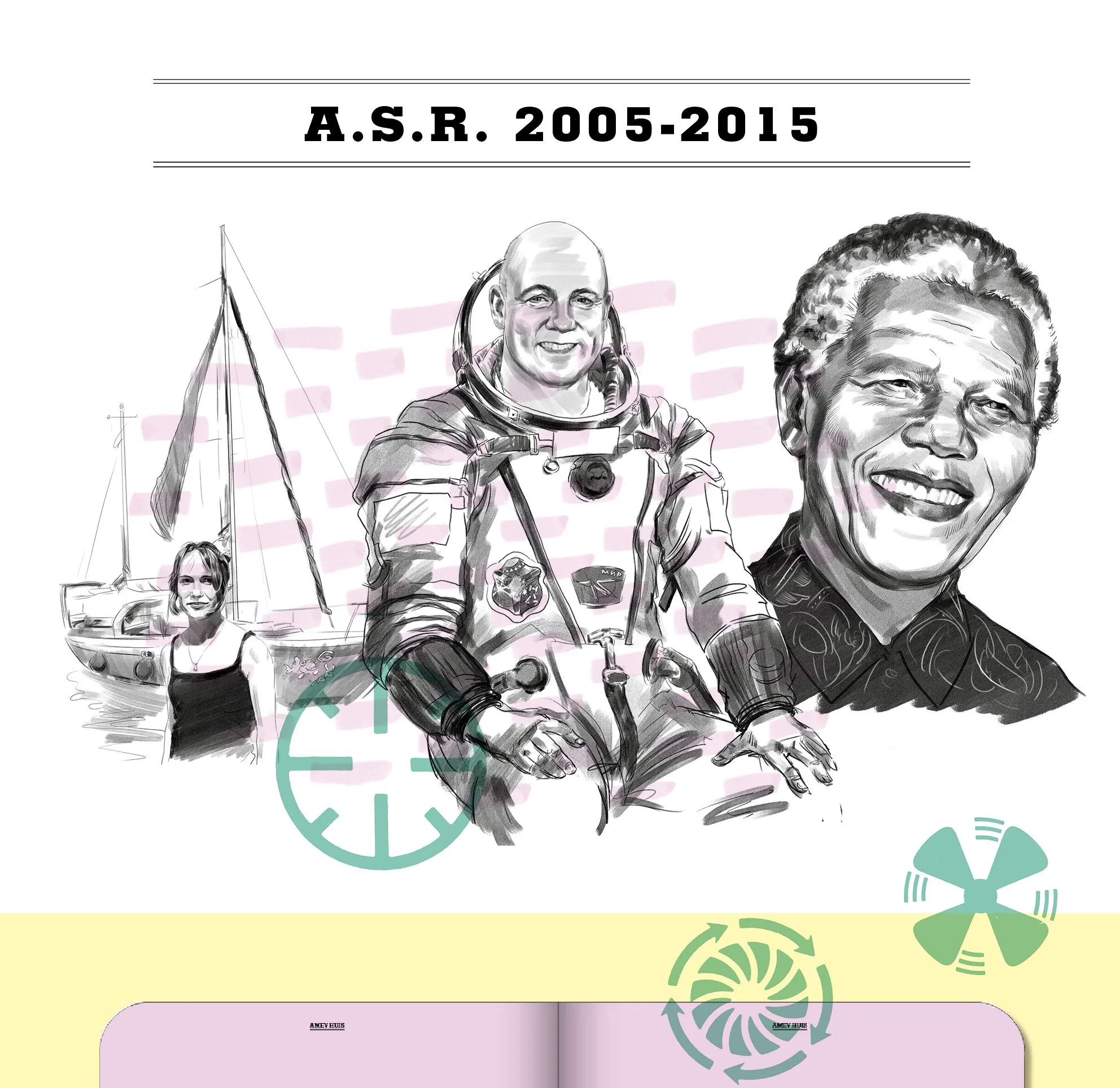 Title page 'A.S.R. 2005-2015' with line illustrations of an astronaut, a sailing boat and a smiling man
