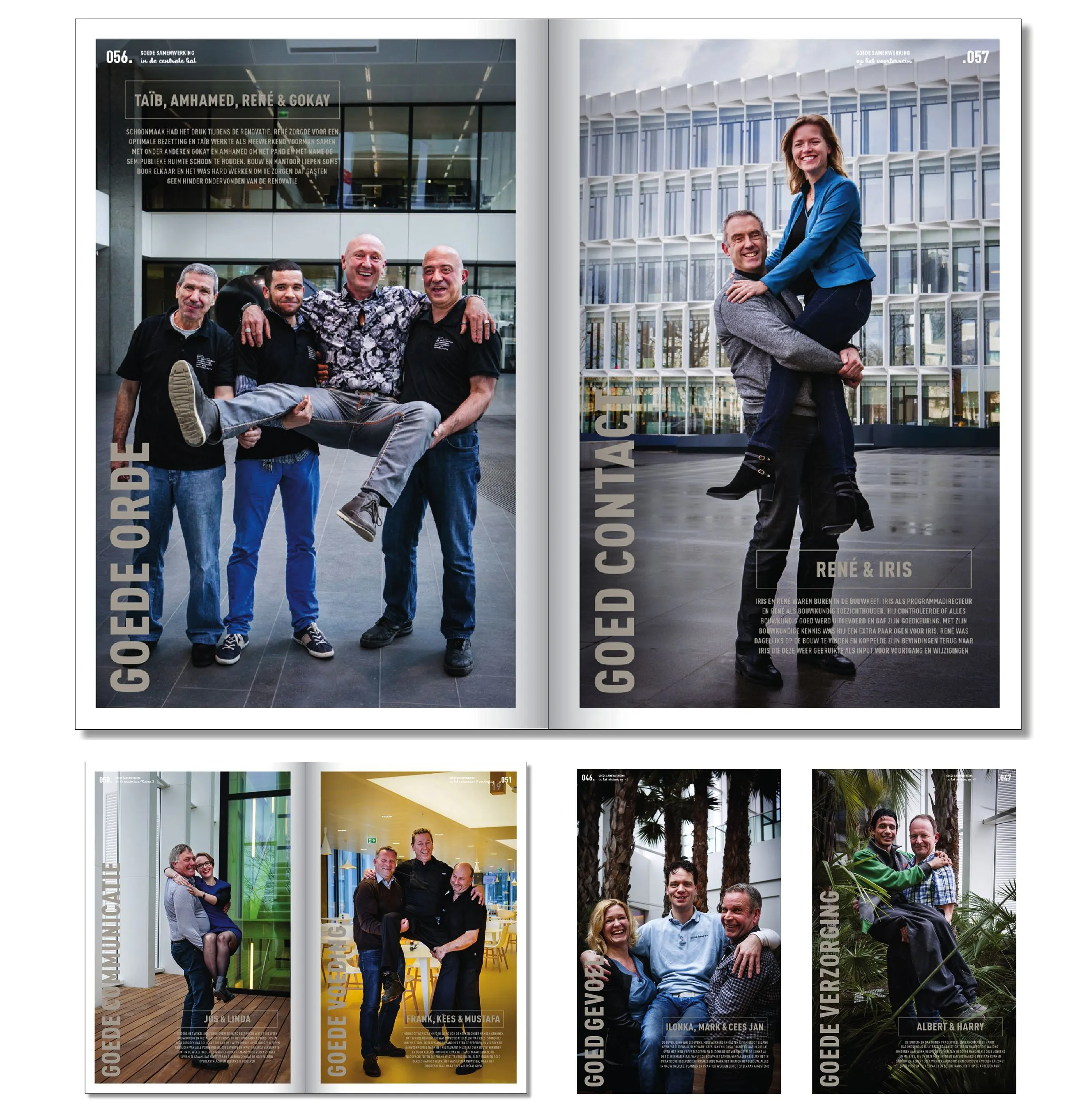 Book spreads with group portraits of colleagues posing together in front of the glass office building