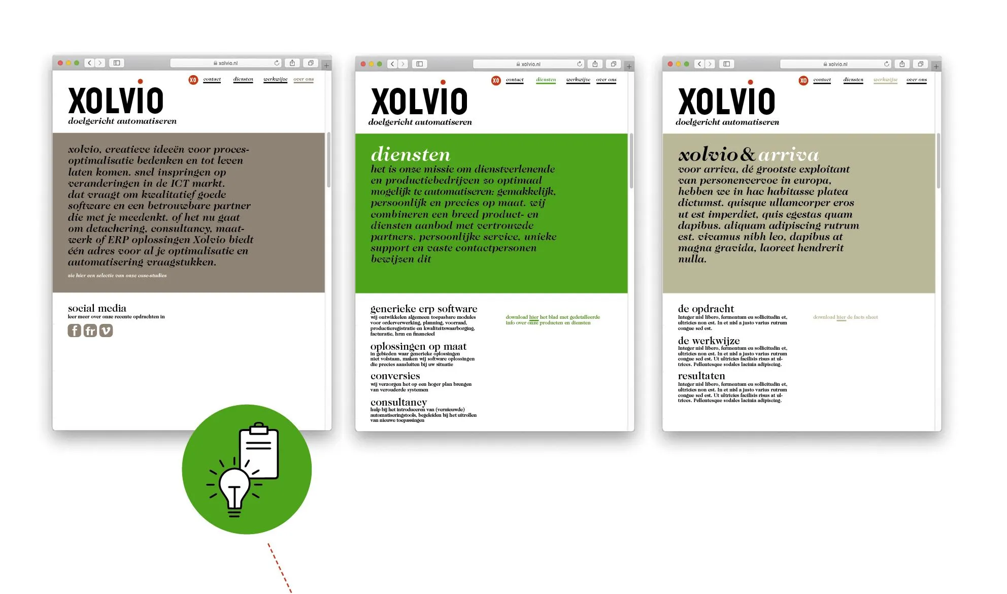 Three website screens for Xolvio in brown, green and beige, with a green lightbulb icon