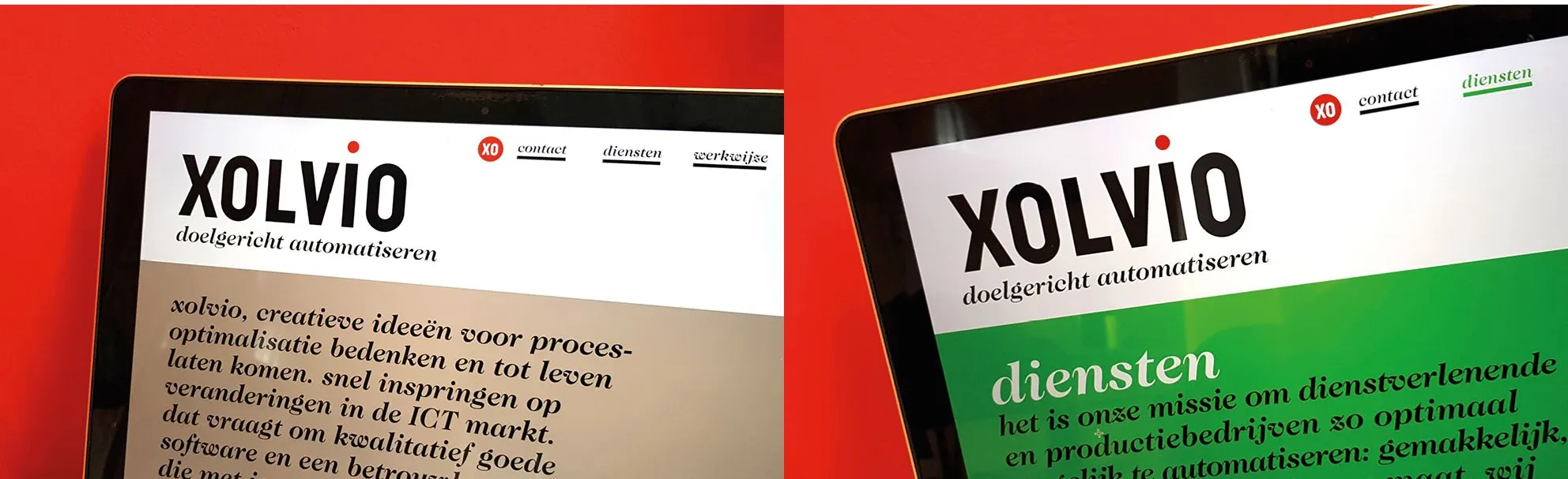 Xolvio website shown on a laptop and a tablet over red, with the Diensten page in green