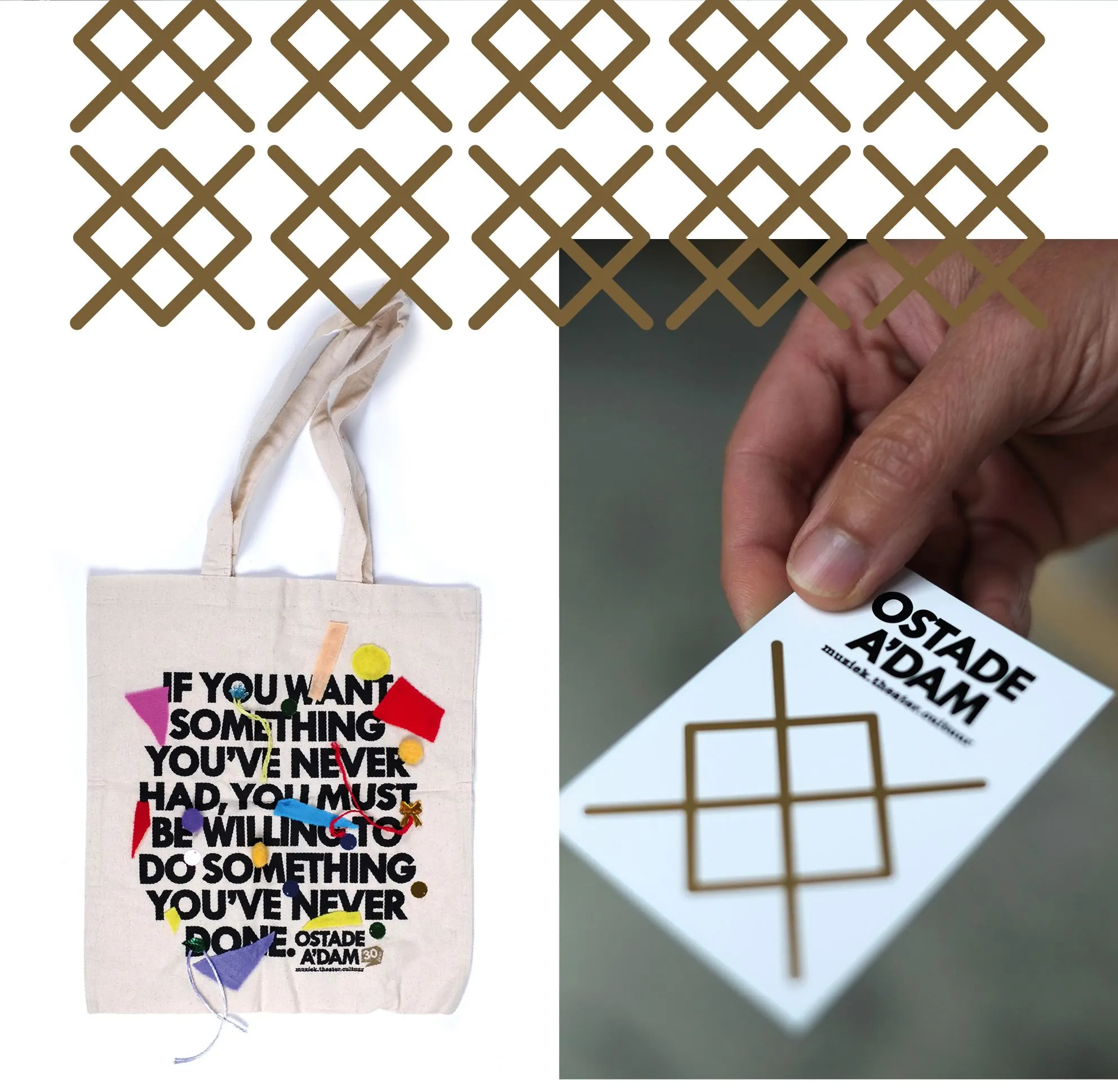 Ostade a'dam tote bag with a colourful typographic quote and a hand holding a card with the golden cross logo