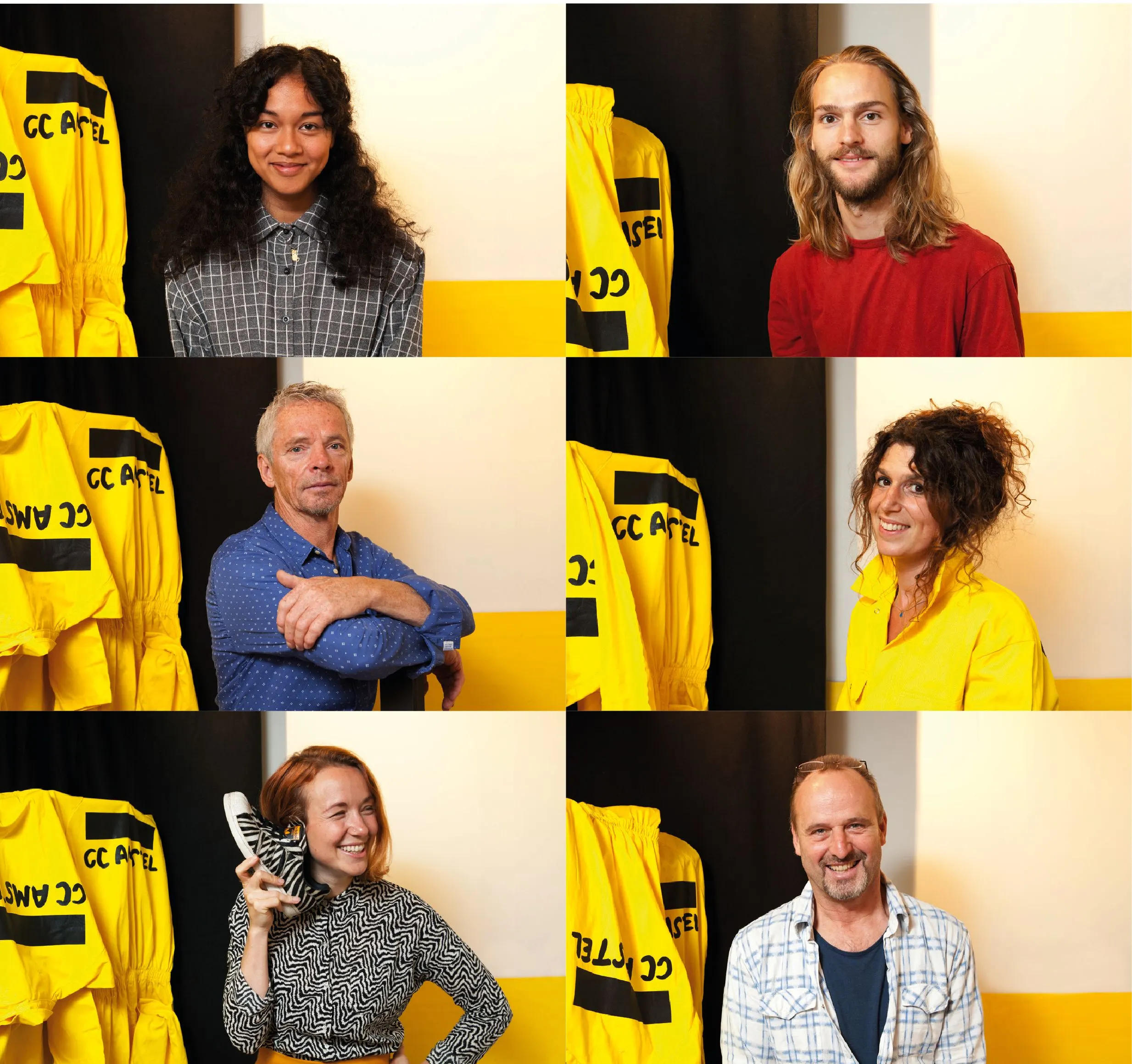 Six portraits of smiling theatre staff in front of yellow CC Amstel work jackets