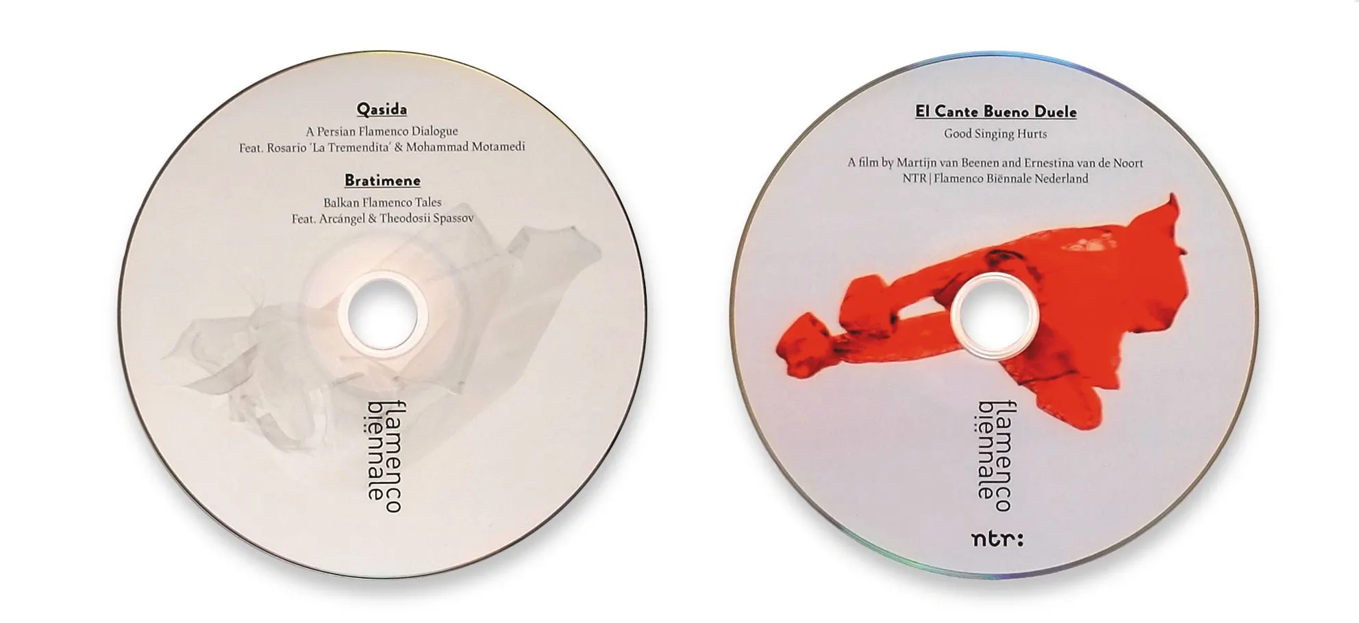 Two CDs for the Flamenco Biennale, one with a white fabric image and one with a red flowing fabric