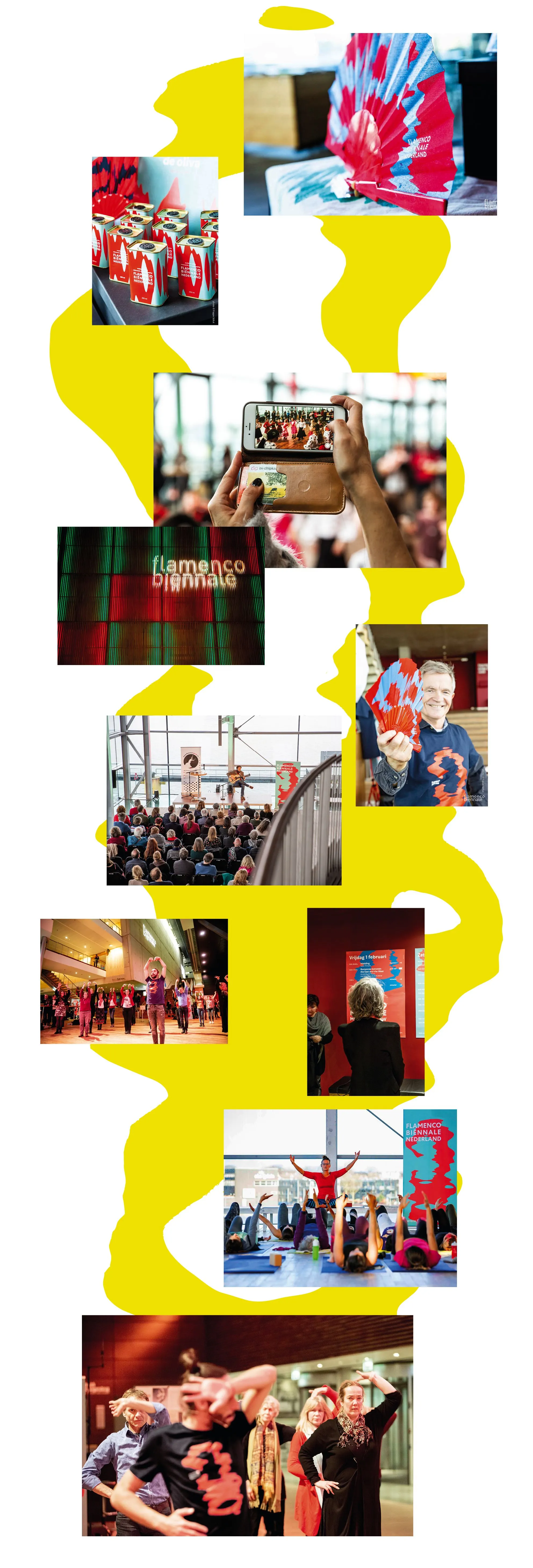 Tall strip of event photos on a yellow brushstroke background with red and colourful accents