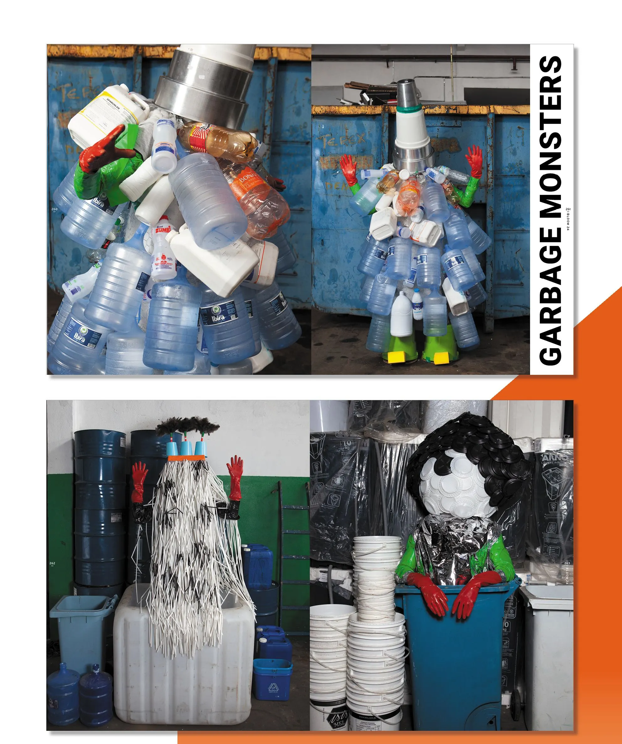 Magazine spread Garbage monsters with four photos of costumes made from plastic bottles and containers