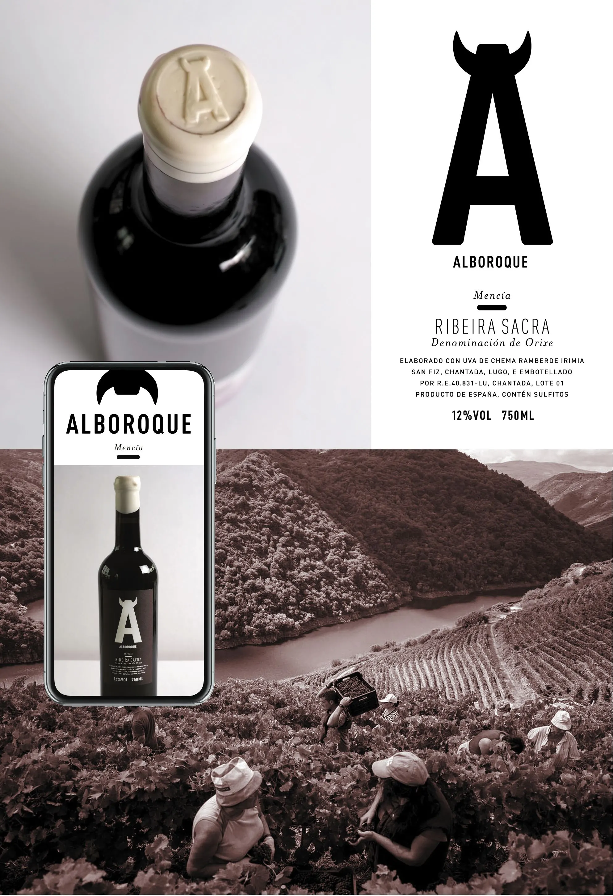 Alboroque bottle top and label beside a smartphone and a sepia photo of vineyard workers on Ribeira Sacra terraces