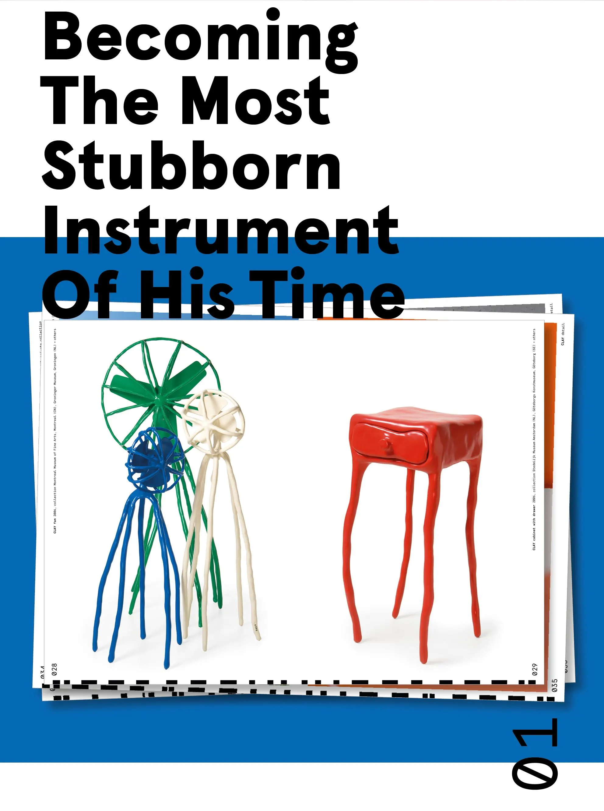 Book page titled Becoming the most stubborn instrument of his time, with two colourful chairs on blue and white