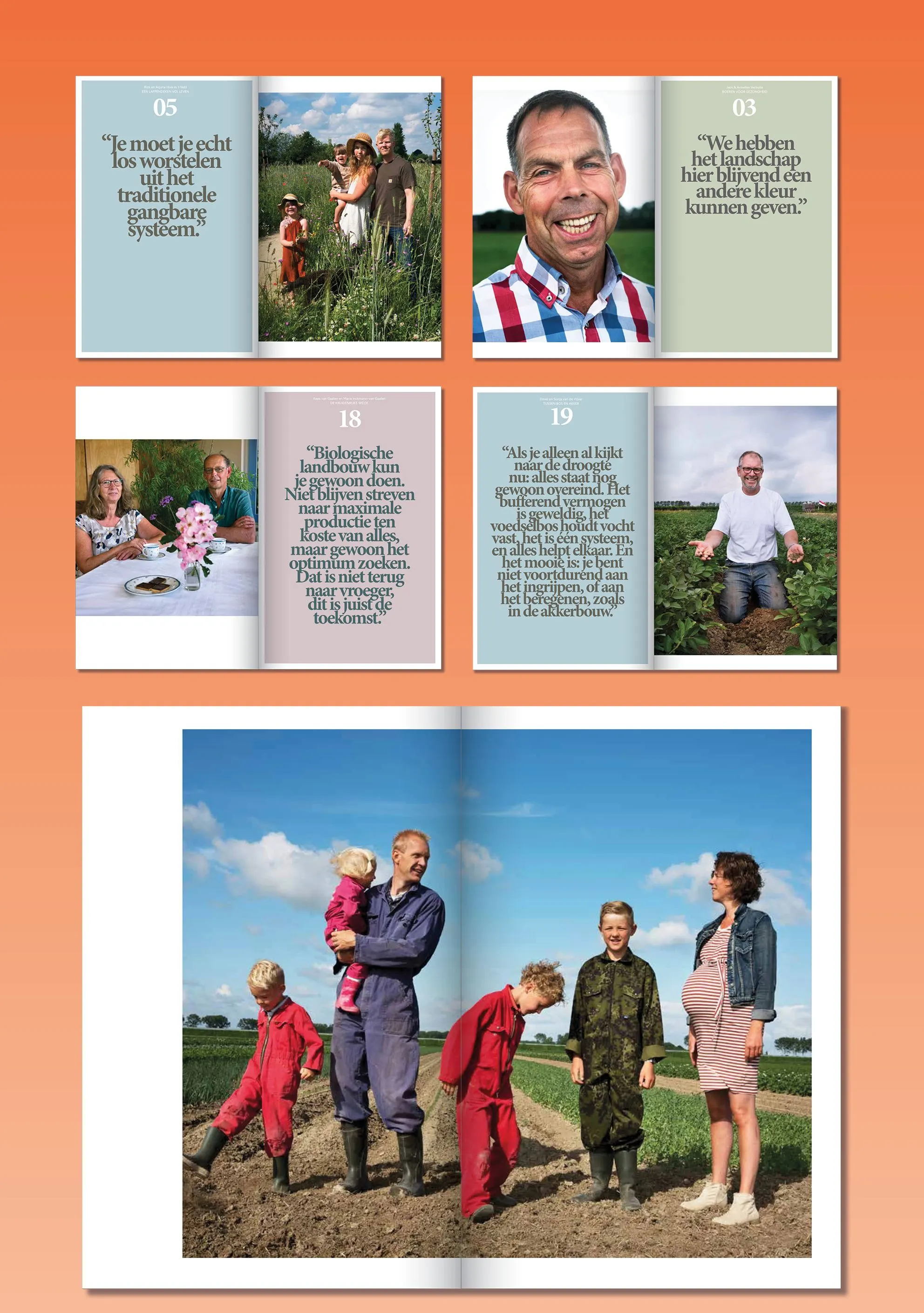 Orange page with five book spreads showing portraits of farmers, quotes and a family in a field