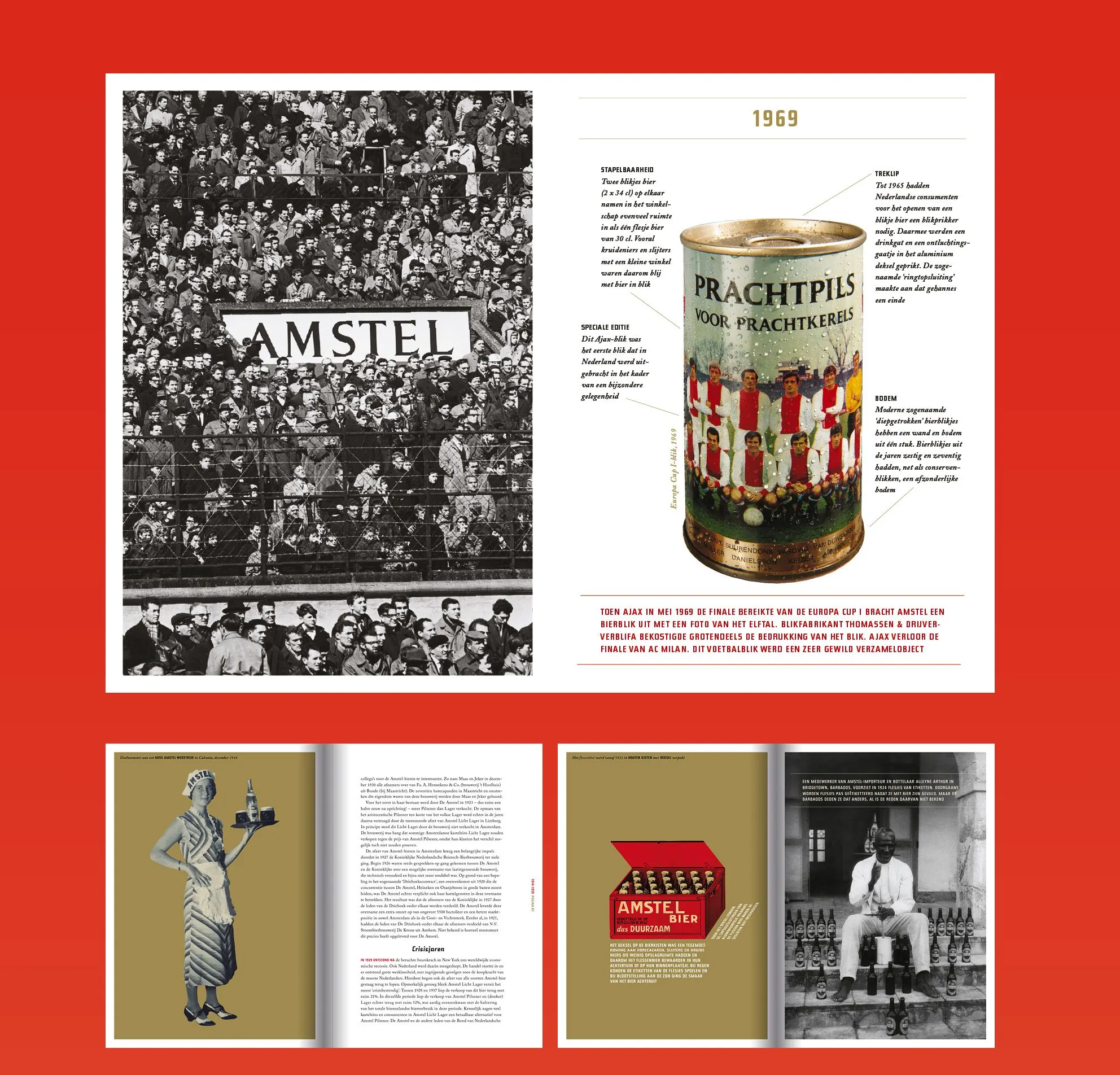 Red book spreads with a black-and-white football stand crowd, a 1969 Prachtpils can and vintage Amstel pages