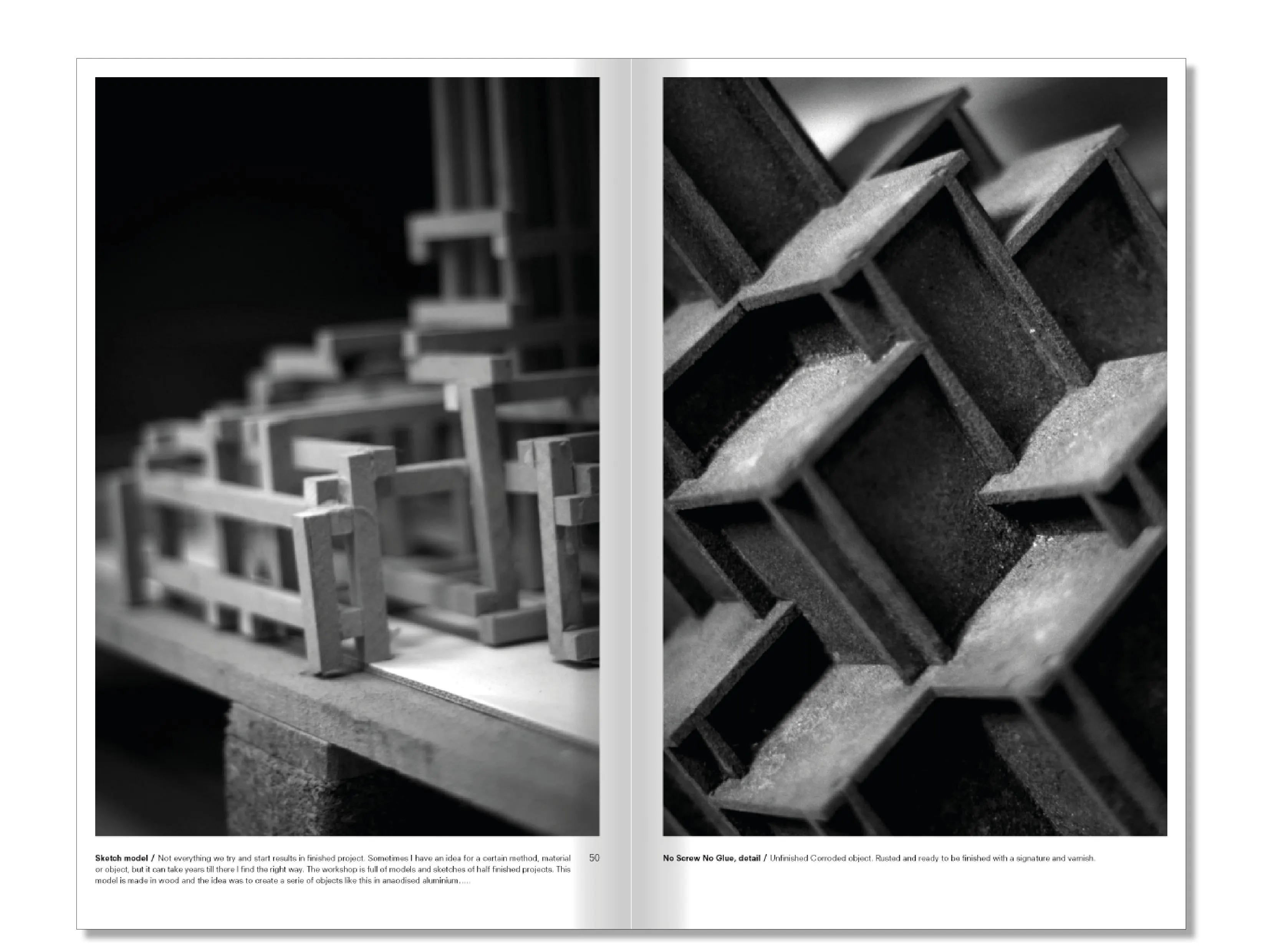 Book spread with two black and white close-ups of wooden architectural models