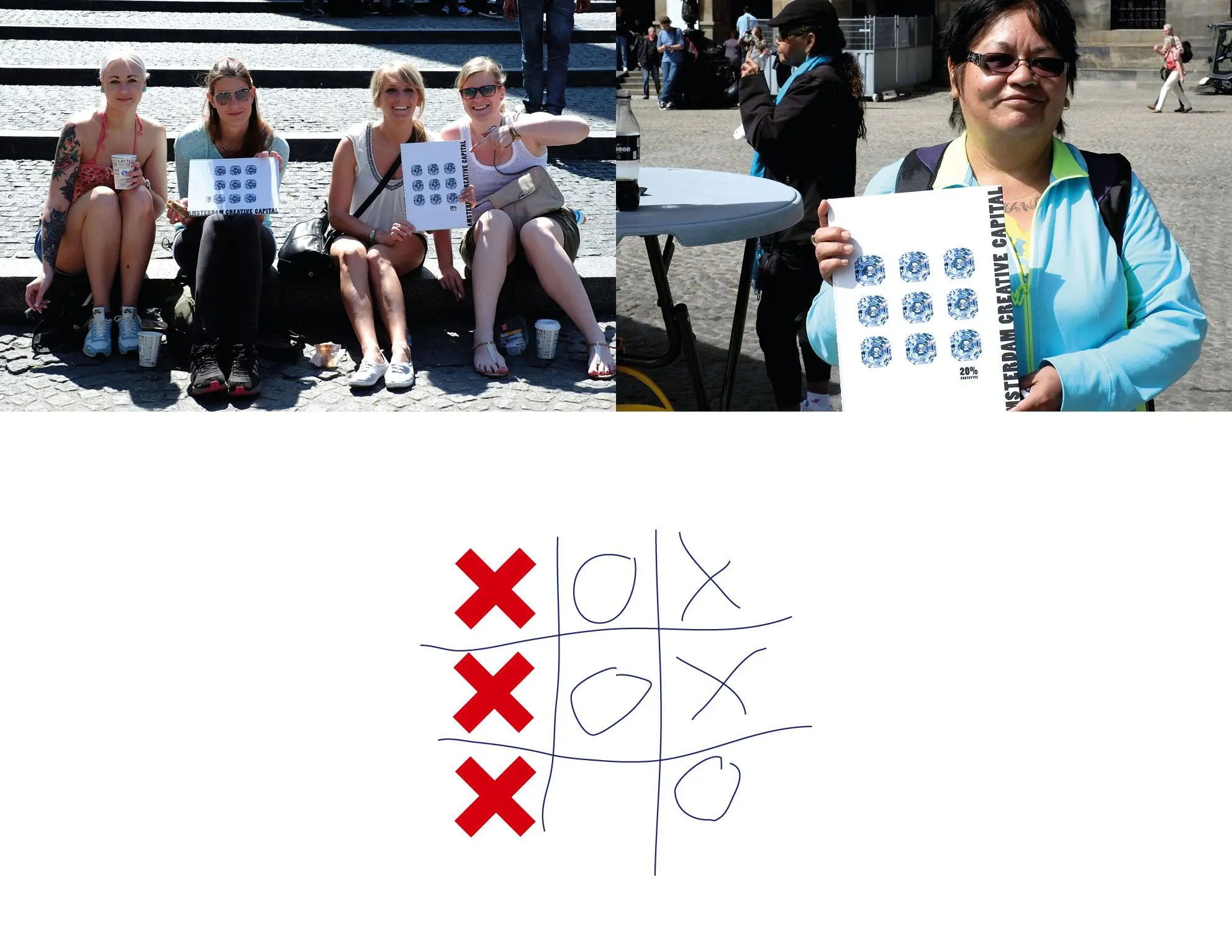 Photos of people holding diamond-pattern sheets above a hand-drawn tic-tac-toe game with red X marks