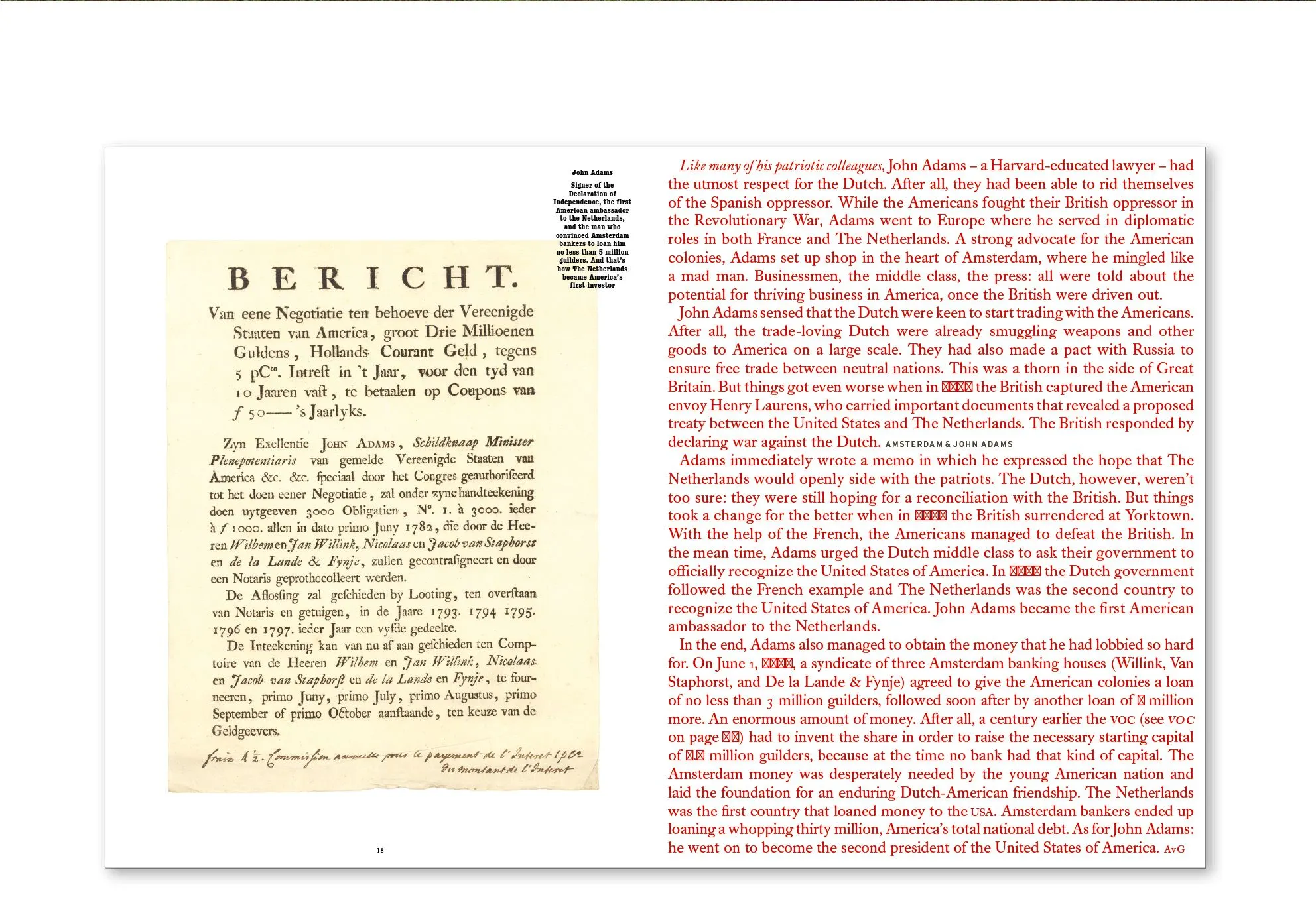 Book spread with a historic Dutch document titled Bericht beside columns of red text