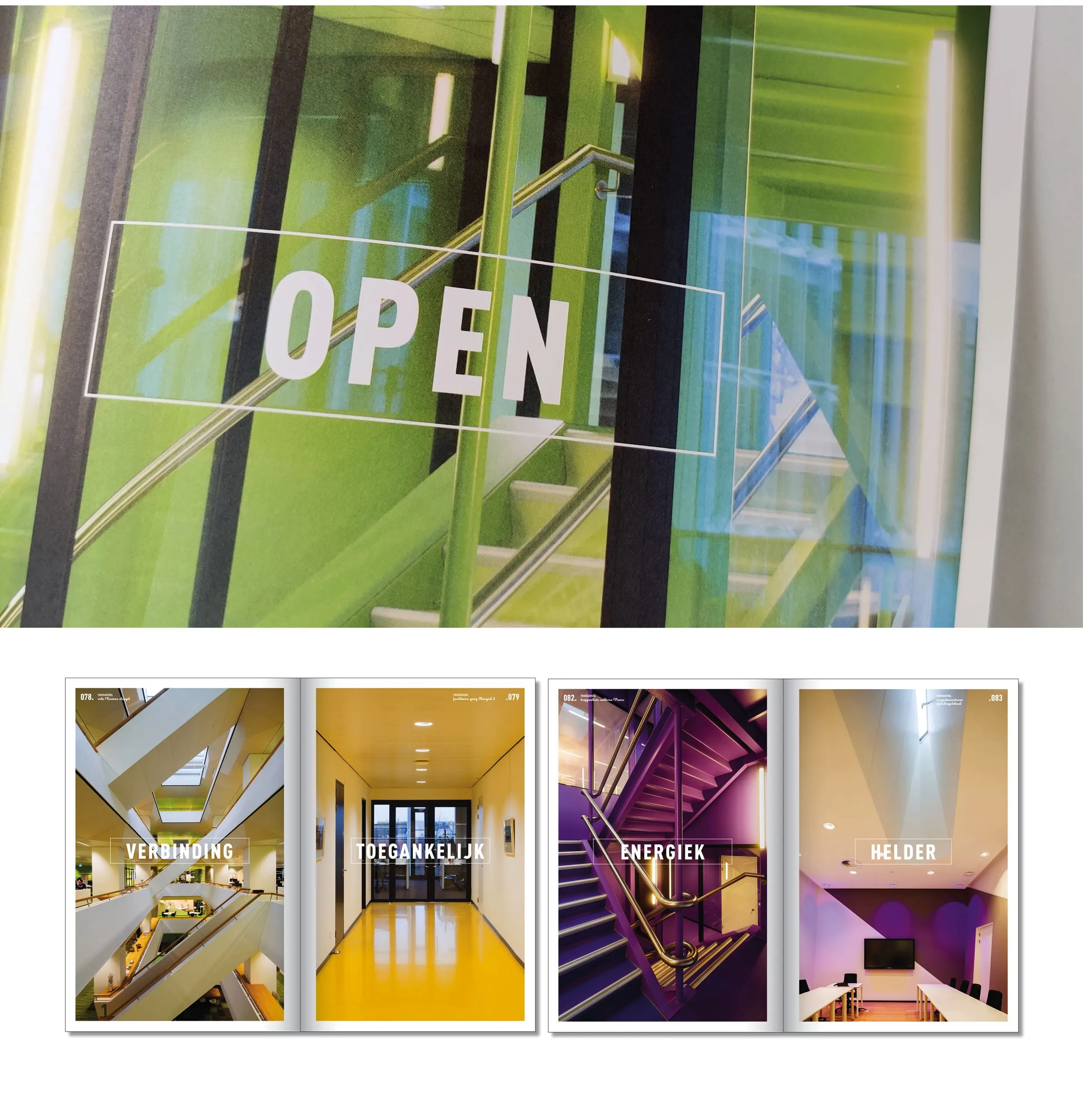 Glass door with the word OPEN above book spreads of colourful office interiors in yellow and purple