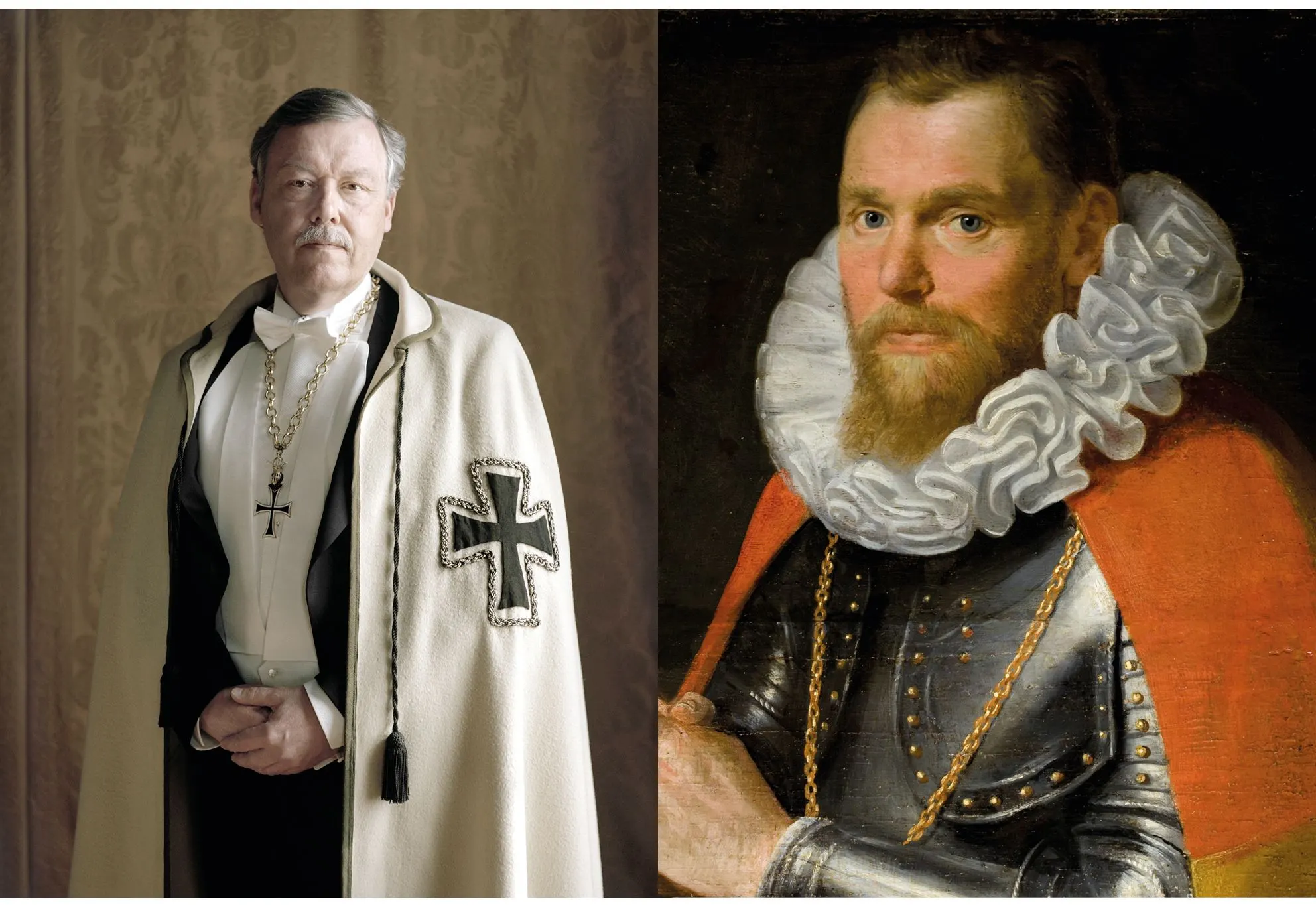 Two portraits side by side: a man in a white Teutonic Order cloak with a black cross and an old painted portrait of a ruffed knight