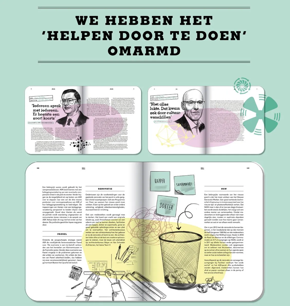 Green book spreads titled 'We hebben het helpen door te doen omarmd' with illustrated portraits and a waste bin