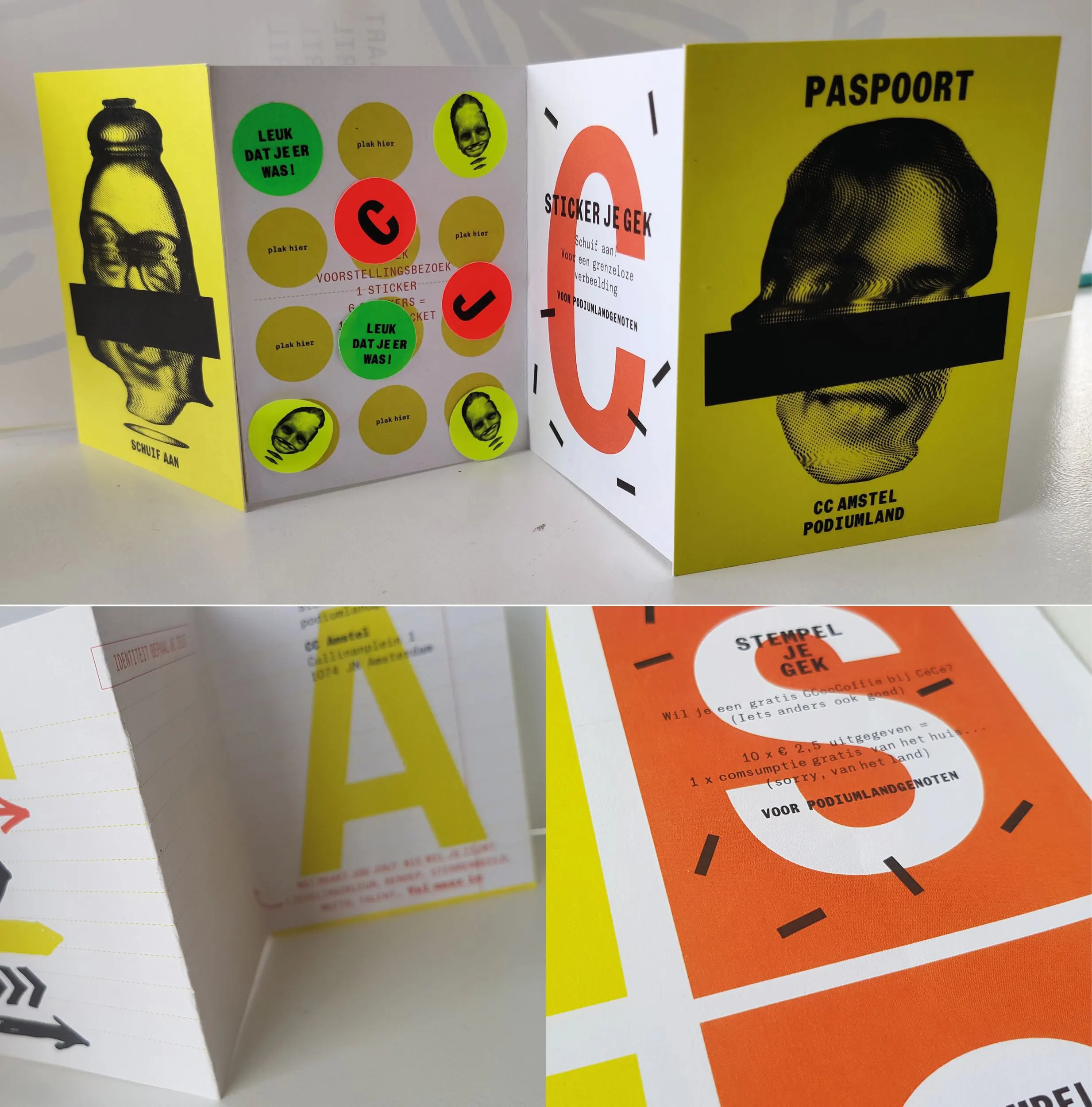 Folded printed pieces with neon stickers, passport-style leaflet ‘Paspoort’ and large letters C, A and S on yellow and orange