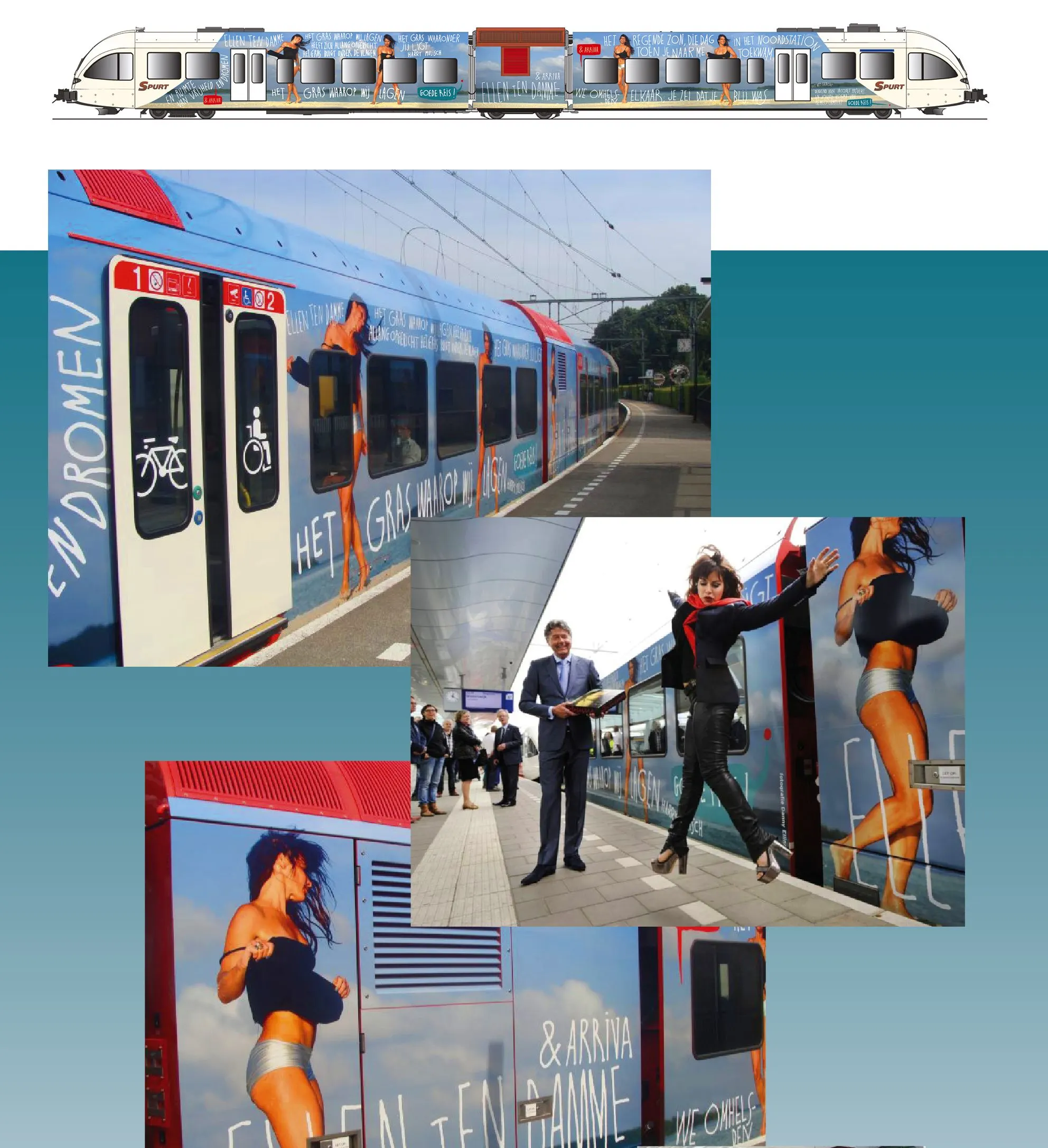 Collage of the decorated train at a station with the wrapped carriage and a woman in a red coat on the platform