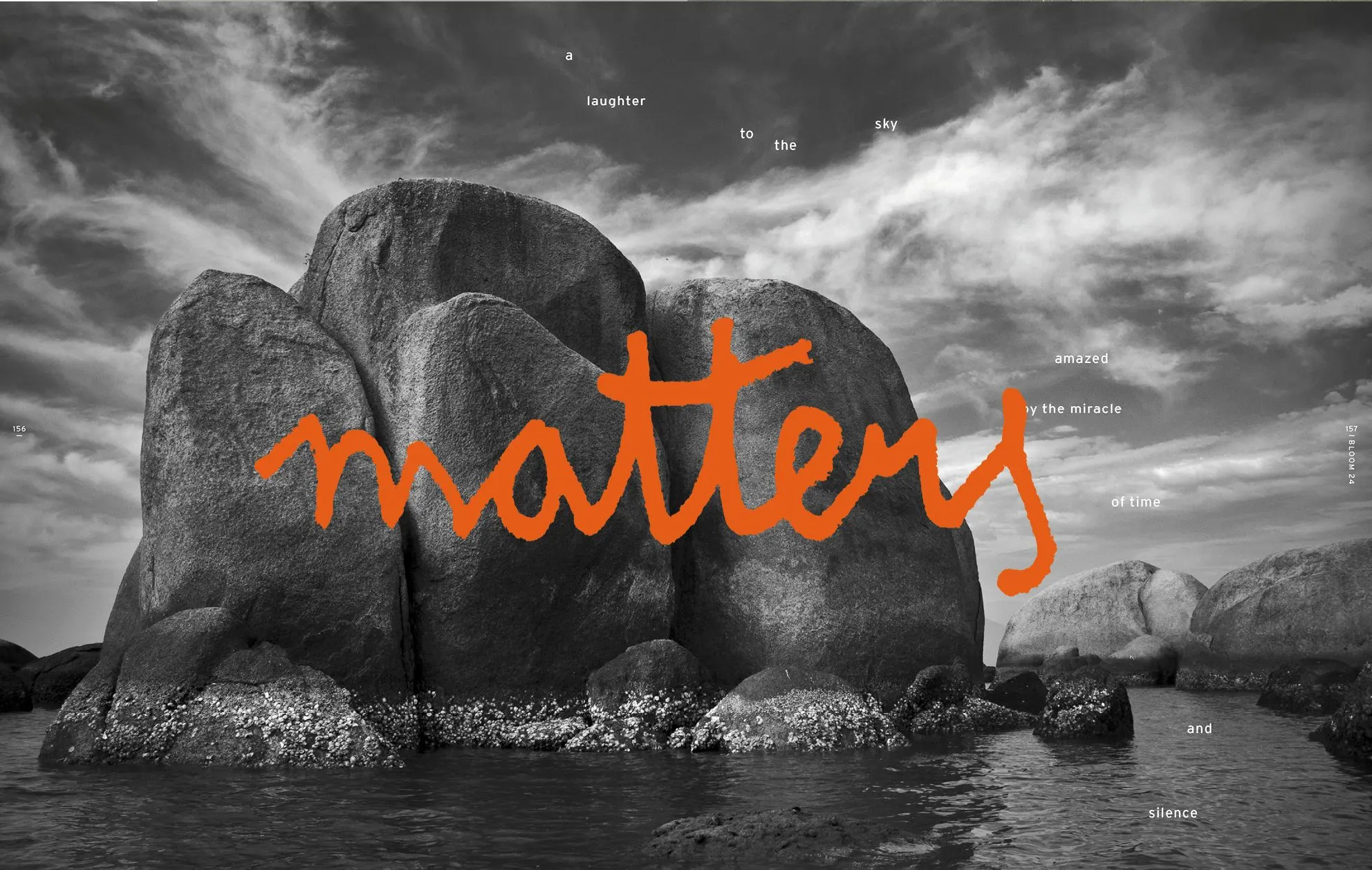 Opening page of the magazine: black and white photo of rocks by the sea with the word matters in orange handwriting
