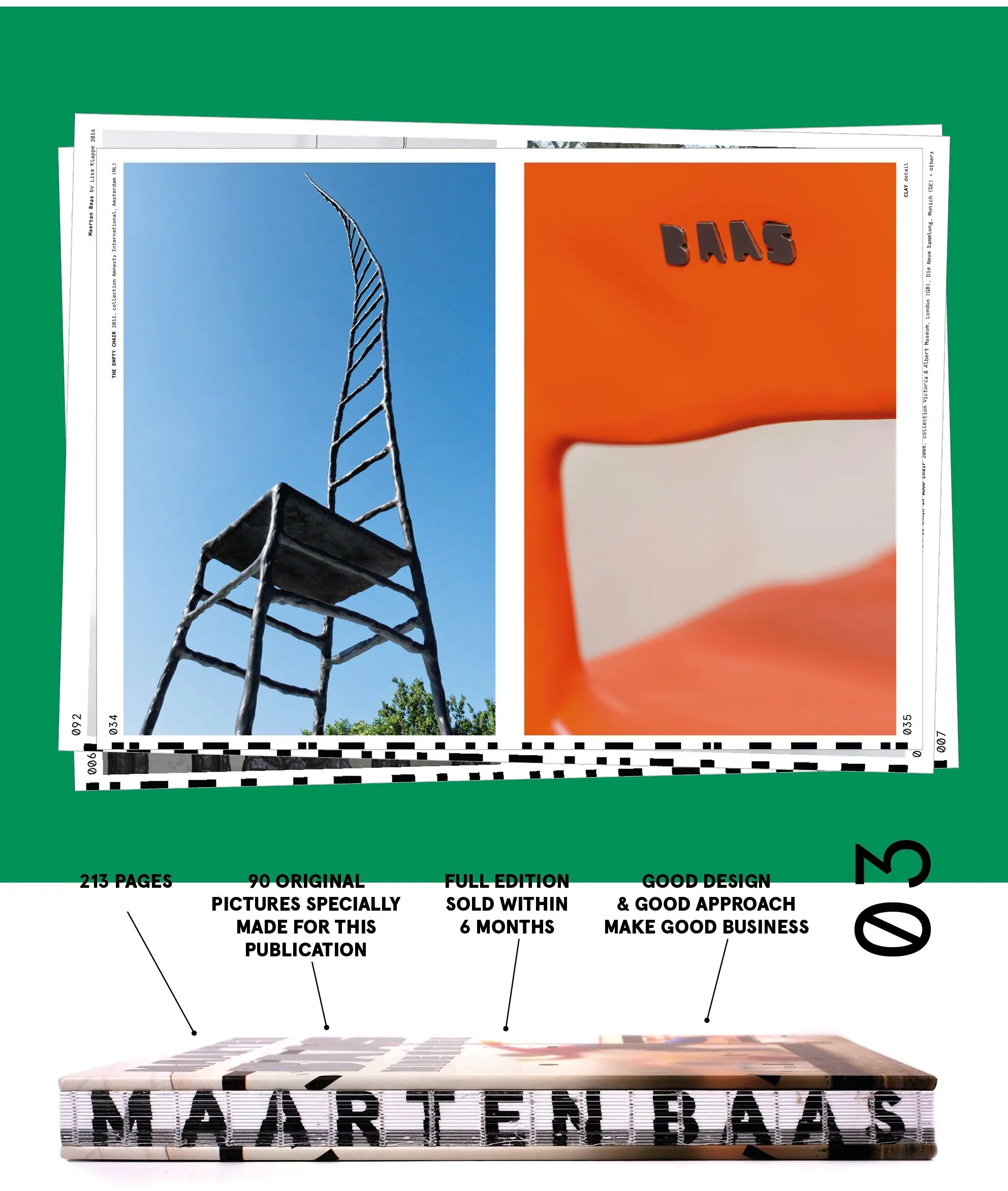 Book page on green with a tall ladder-like chair and an orange object, plus a stack of books labelled Maarten Baas
