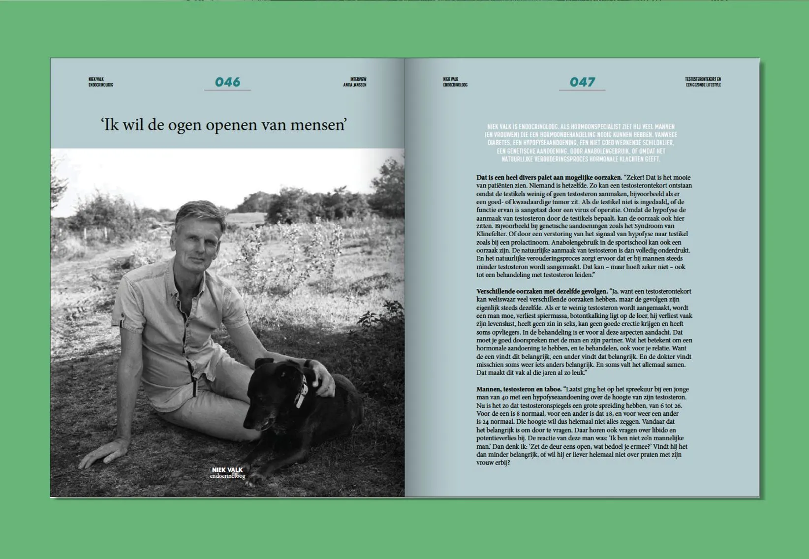 HERMAN spread on green background with a black and white photo of a seated man with a dog and an interview text