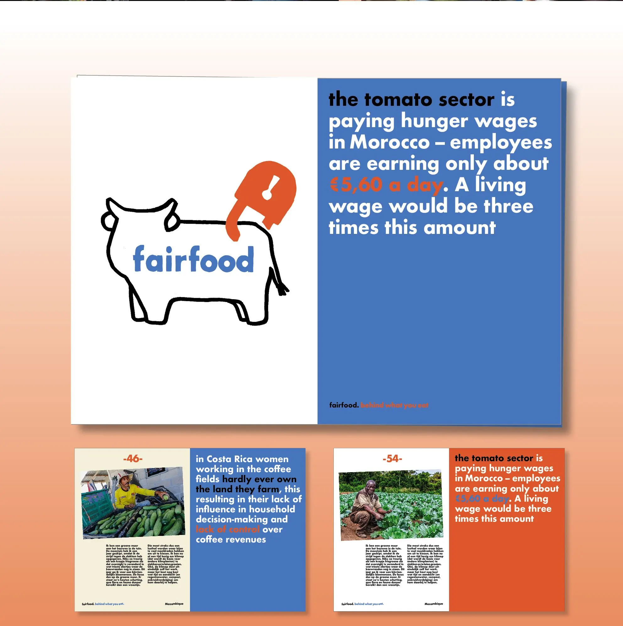 Fairfood publication pages in blue and orange, with a cow-shaped logo and text on hunger wages in the tomato sector