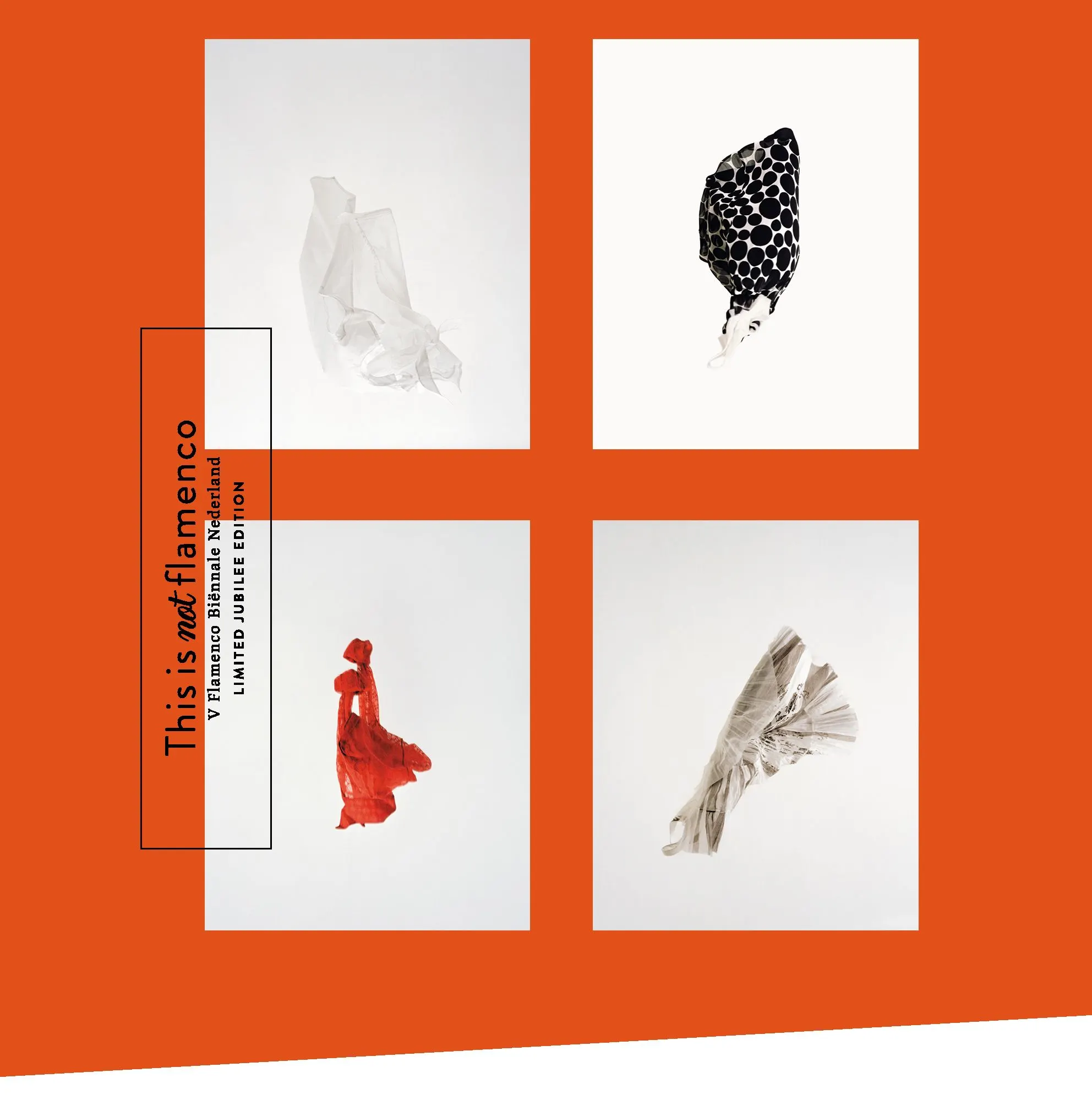 Orange layout with four photographs of fabric sculptures and the vertical title This is not flamenco