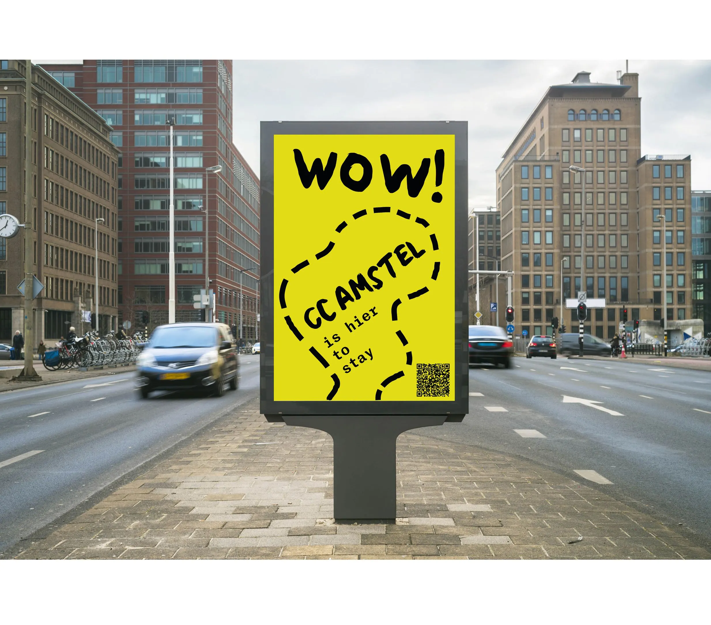 Street billboard reading ‘WOW!’ with the CC Amstel logo and a dashed outline on yellow, between office buildings