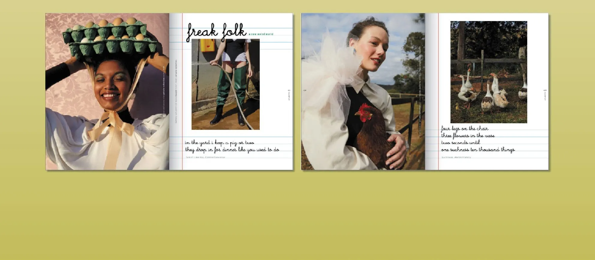 Magazine spreads titled Freak folk on a yellow-green background, with portraits of people wearing unusual headpieces