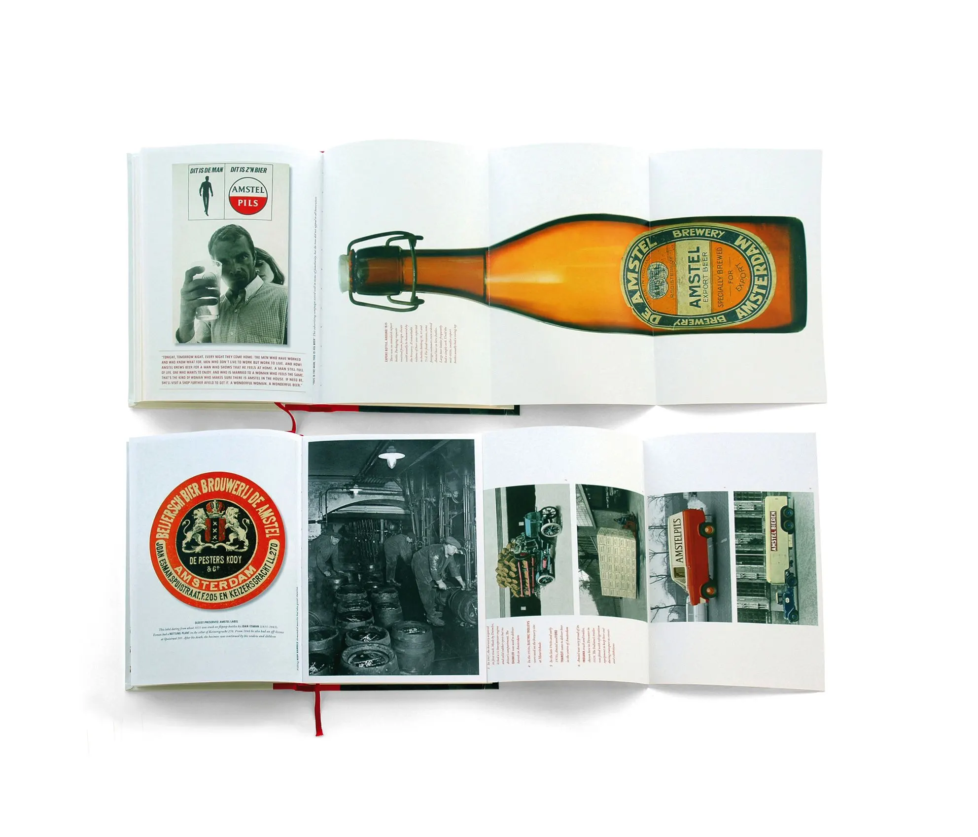Two open book spreads laid out together with a long amber Amstel bottle, a round label and archive photos