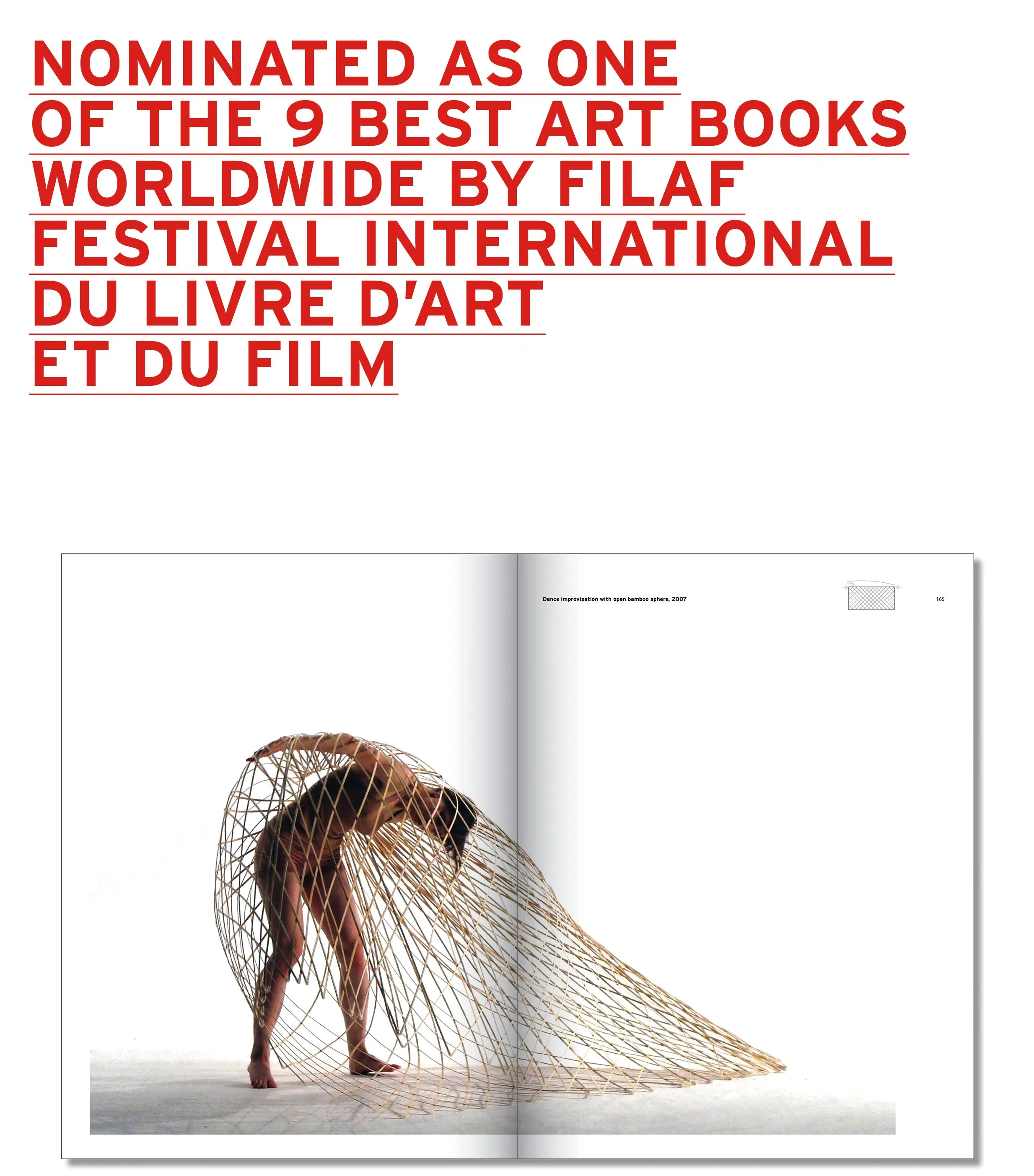 Page with red text about the book being named one of the 9 best art books by FILAF and a photo of a dancer in a wire cage
