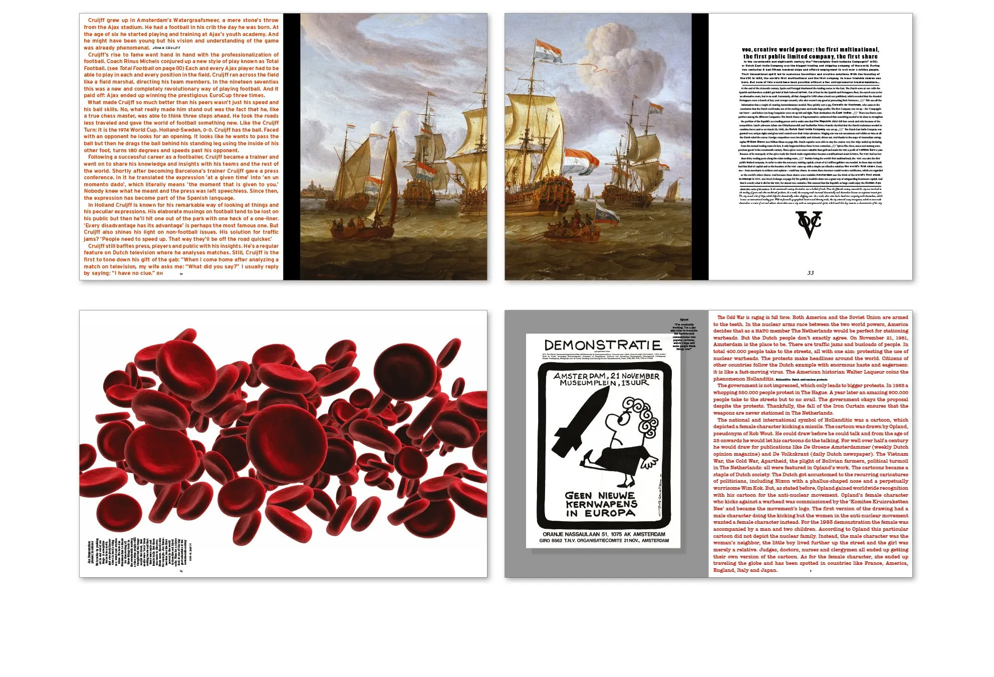 Two book spreads with paintings of sailing ships, red blood cells, a demonstration poster and dense text