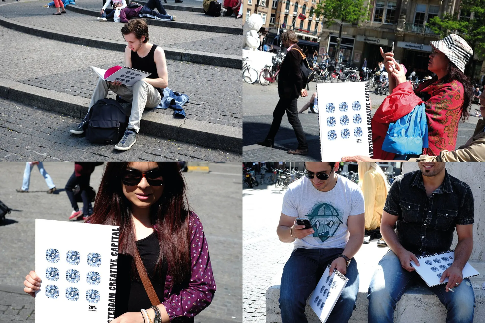 Four street photos of people on Amsterdam squares holding sheets printed with blue diamond patterns