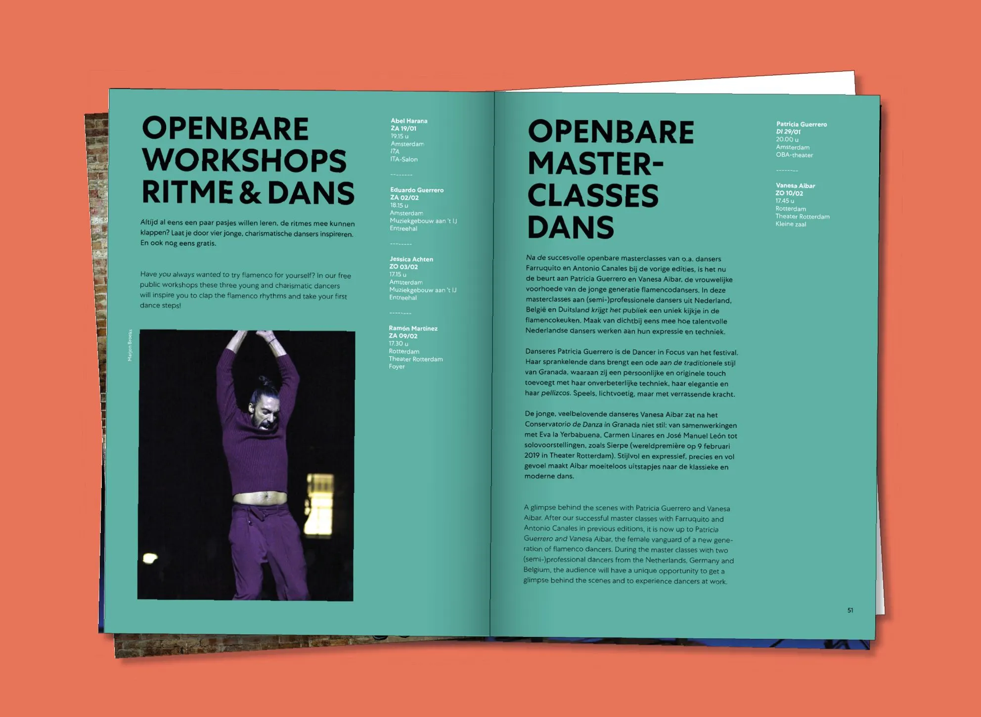 Programme spread on coral and turquoise, Openbare workshops ritme & dans and Openbare masterclasses dans