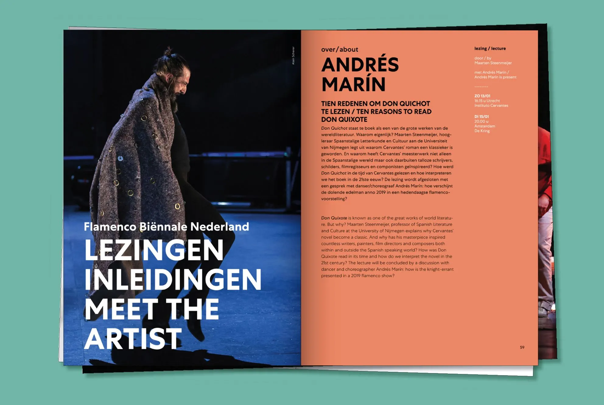 Programme spread on teal with a performer in a long coat and the heading Lezingen inleidingen meet the artist