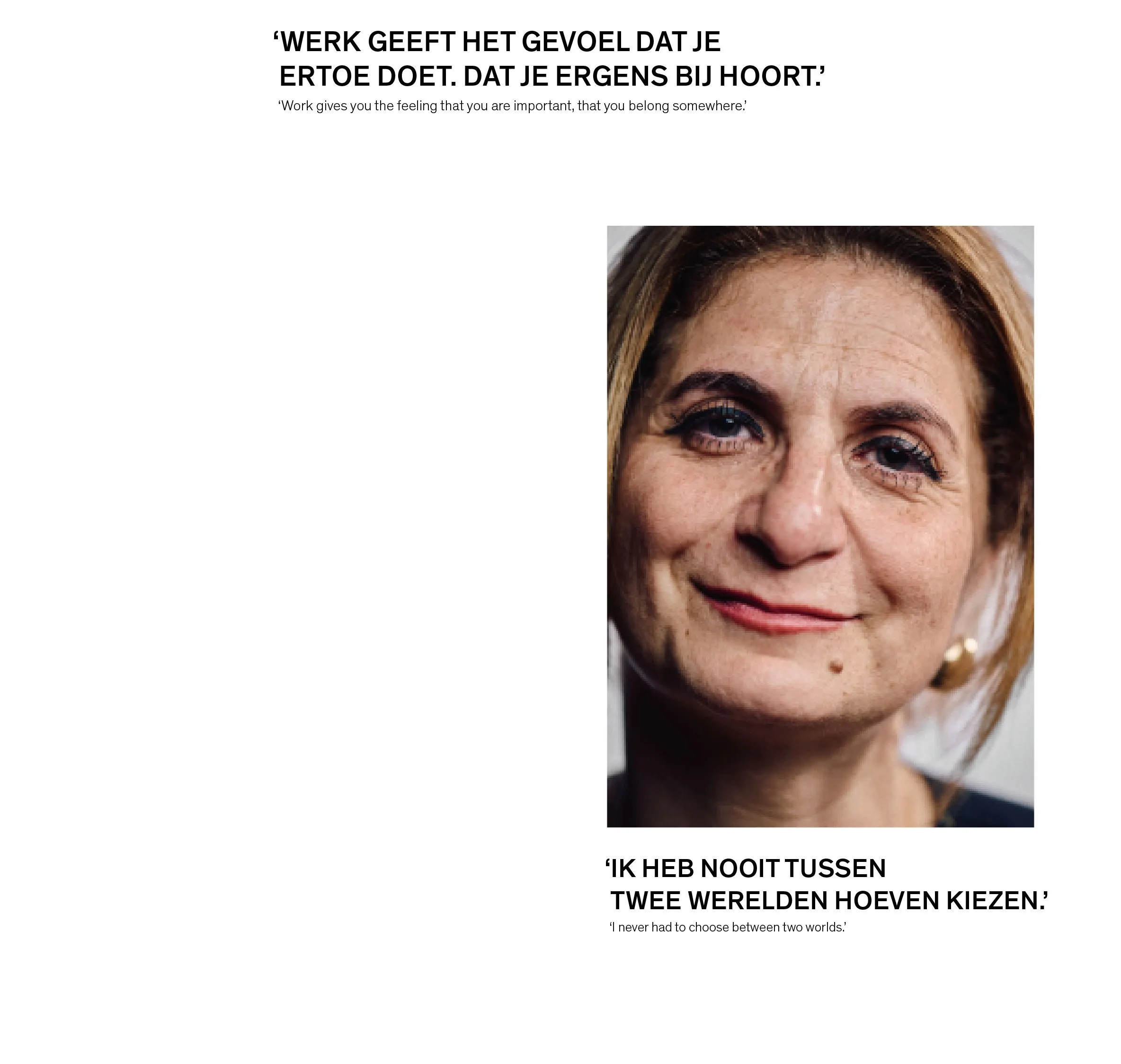 Page with a portrait of a smiling woman between two Dutch quotes, including 'Werk geeft het gevoel dat je ergens bij hoort'
