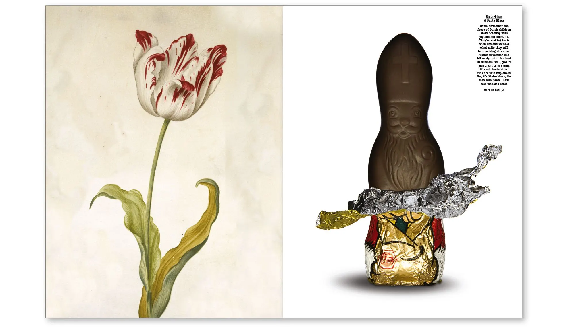 Book spread with a red-and-white tulip painting beside a foil-wrapped chocolate figure