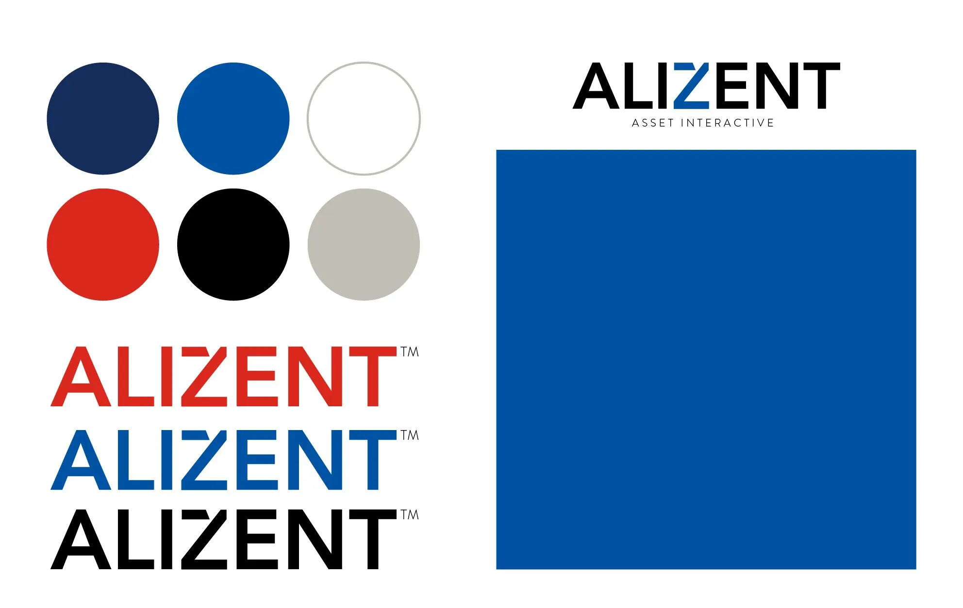 Alizent logo in red, blue and black beside a colour palette of six circles and a blue square