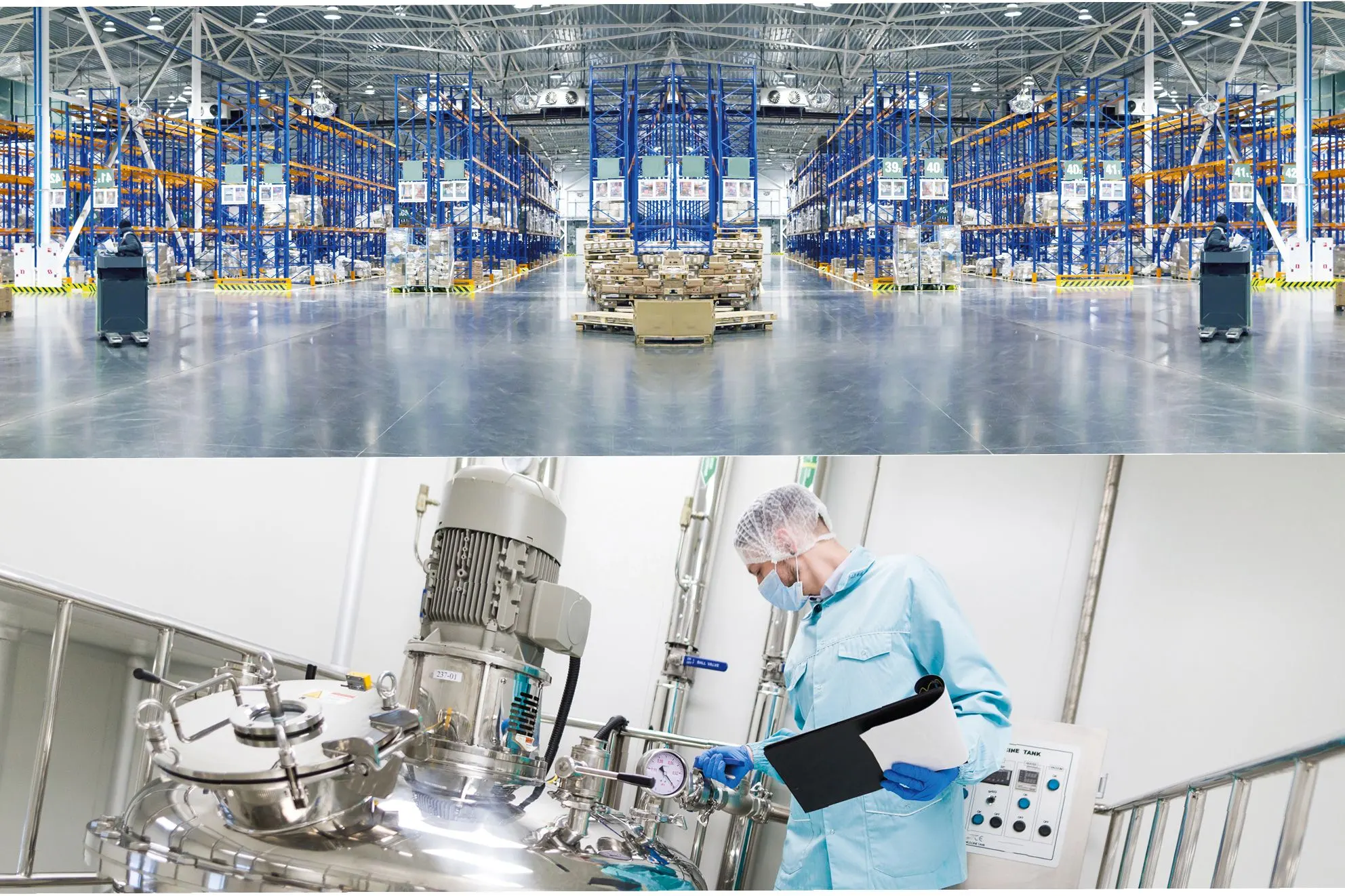 Two photos: a large logistics warehouse with tall shelving, and a technician in protective clothing at a processing tank