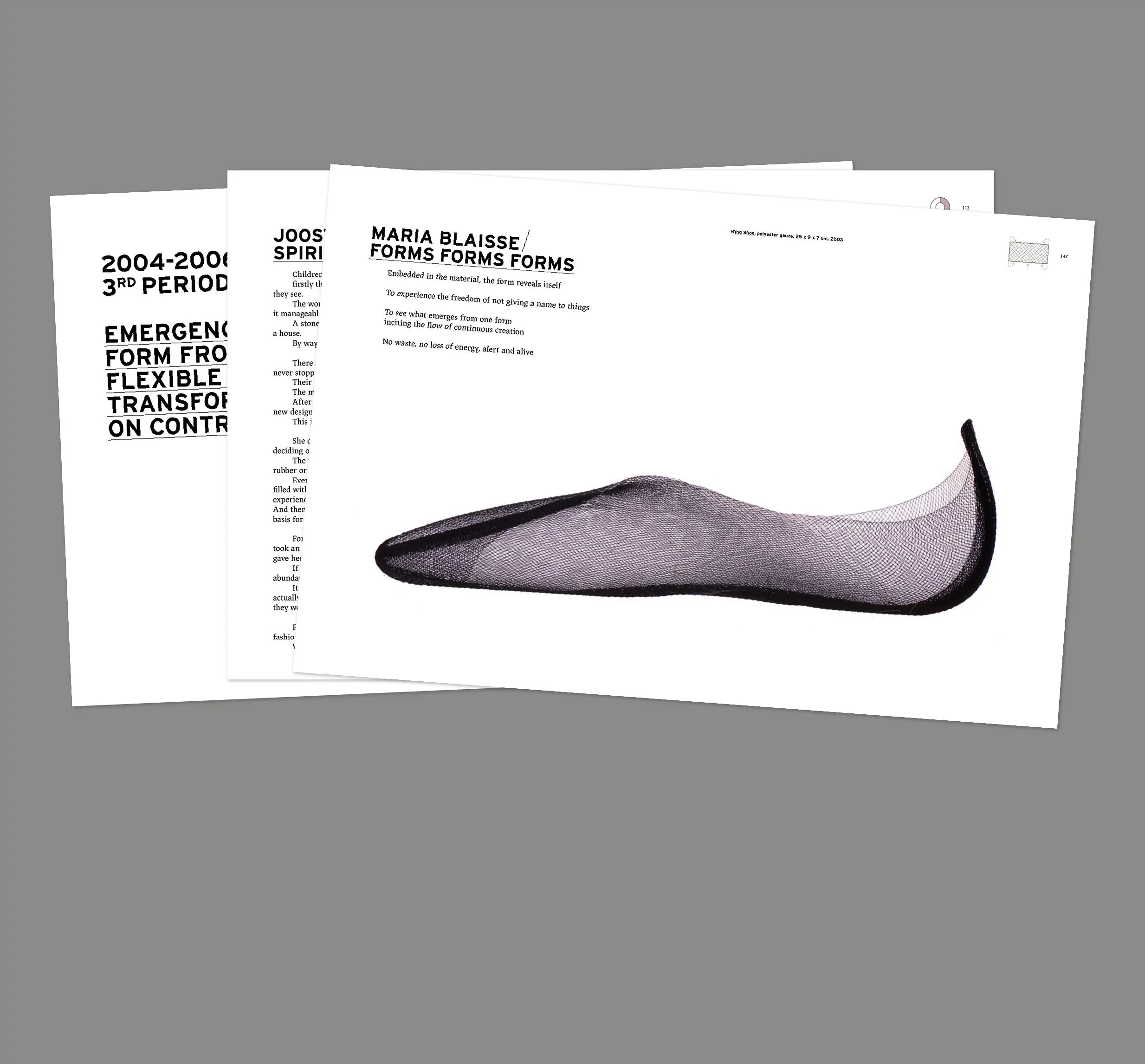 Fanned book pages with a timeline of the period 2004-2006 and a photo of a pointed, slipper-like black form