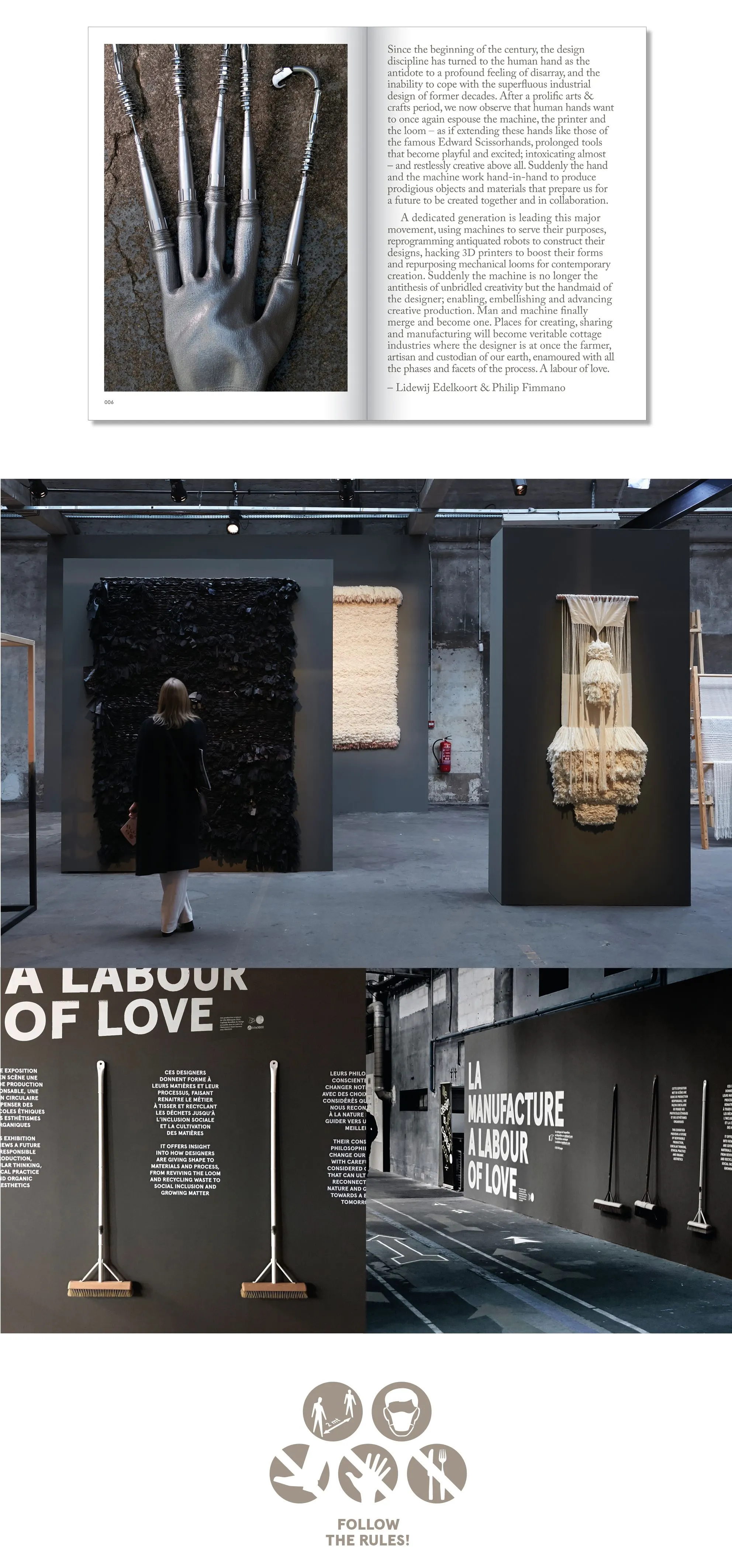 Vertical collage of book pages with a hand drawing and exhibition views of dark halls with display cases