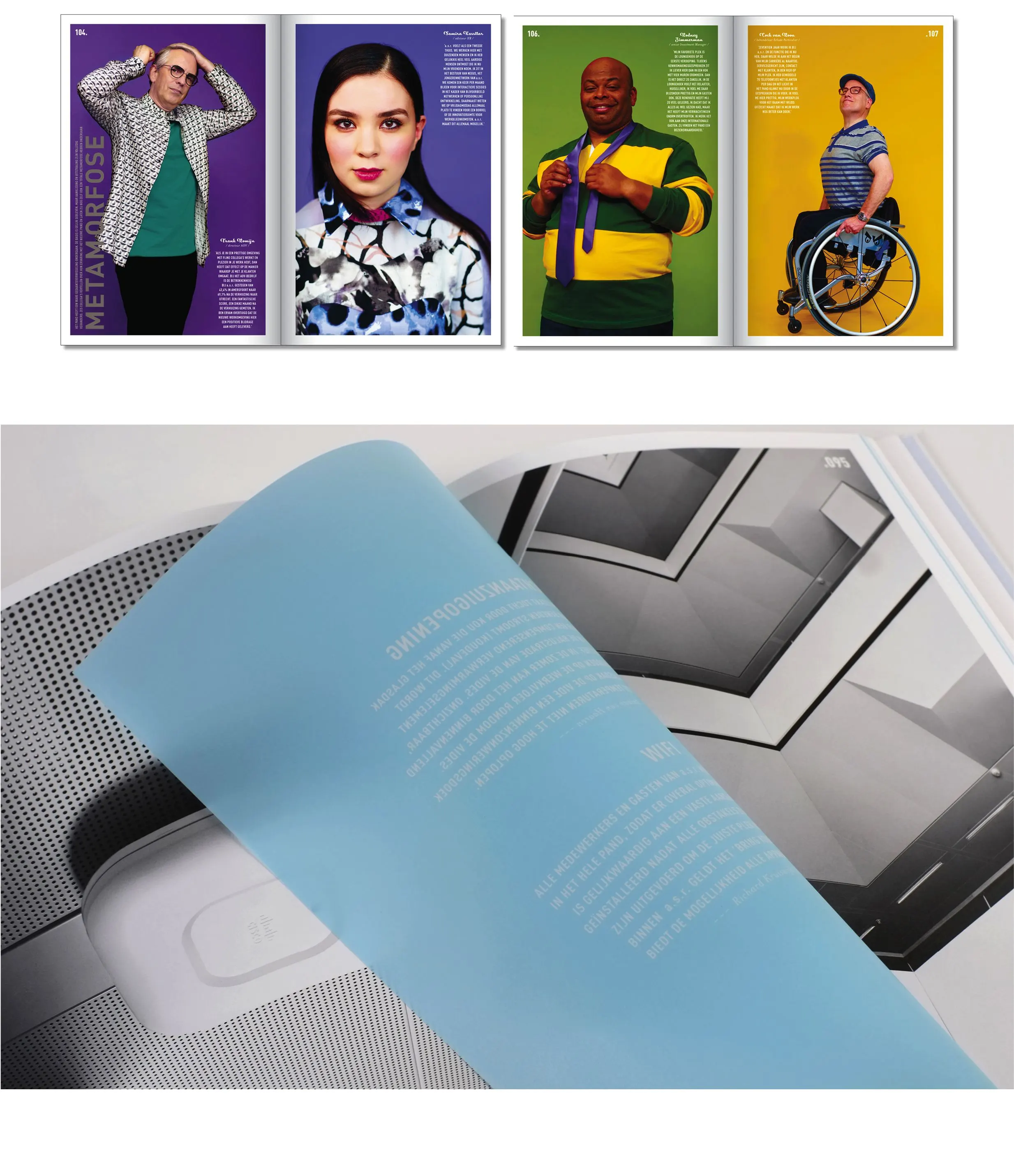 Row of four colourful portraits of employees above a translucent blue page over a grey architectural photo