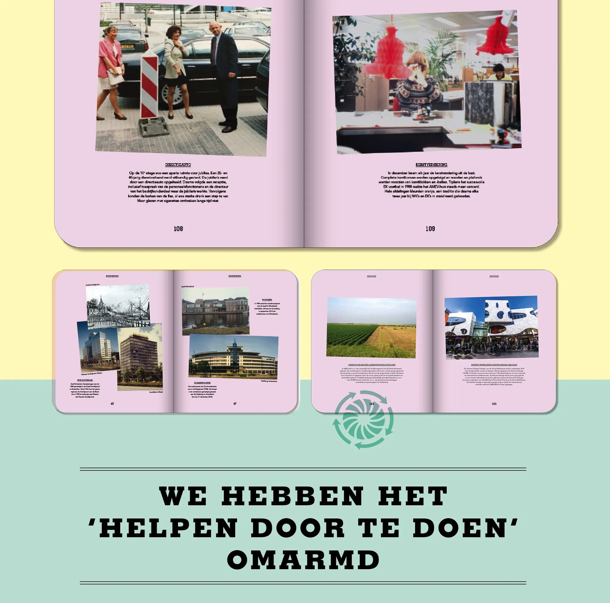 Book spreads with photo pages on pink and yellow, and the title 'We hebben het helpen door te doen omarmd'