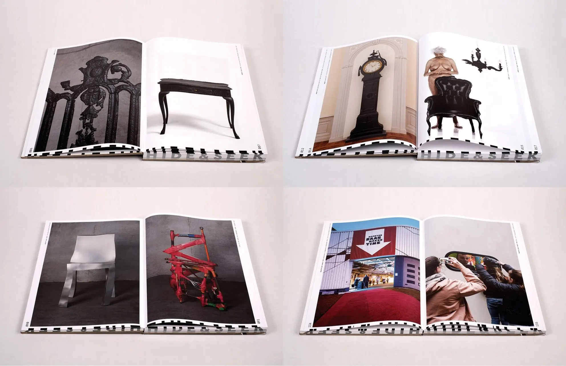 Four open book spreads showing photographs of designer furniture, a grandfather clock and a red chair